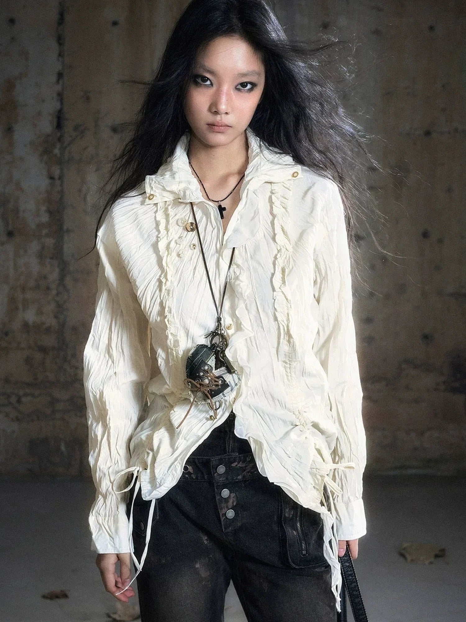Chinese Clothing Cest Nous Update Distressed Check Shirt With Drawstring Ruffle