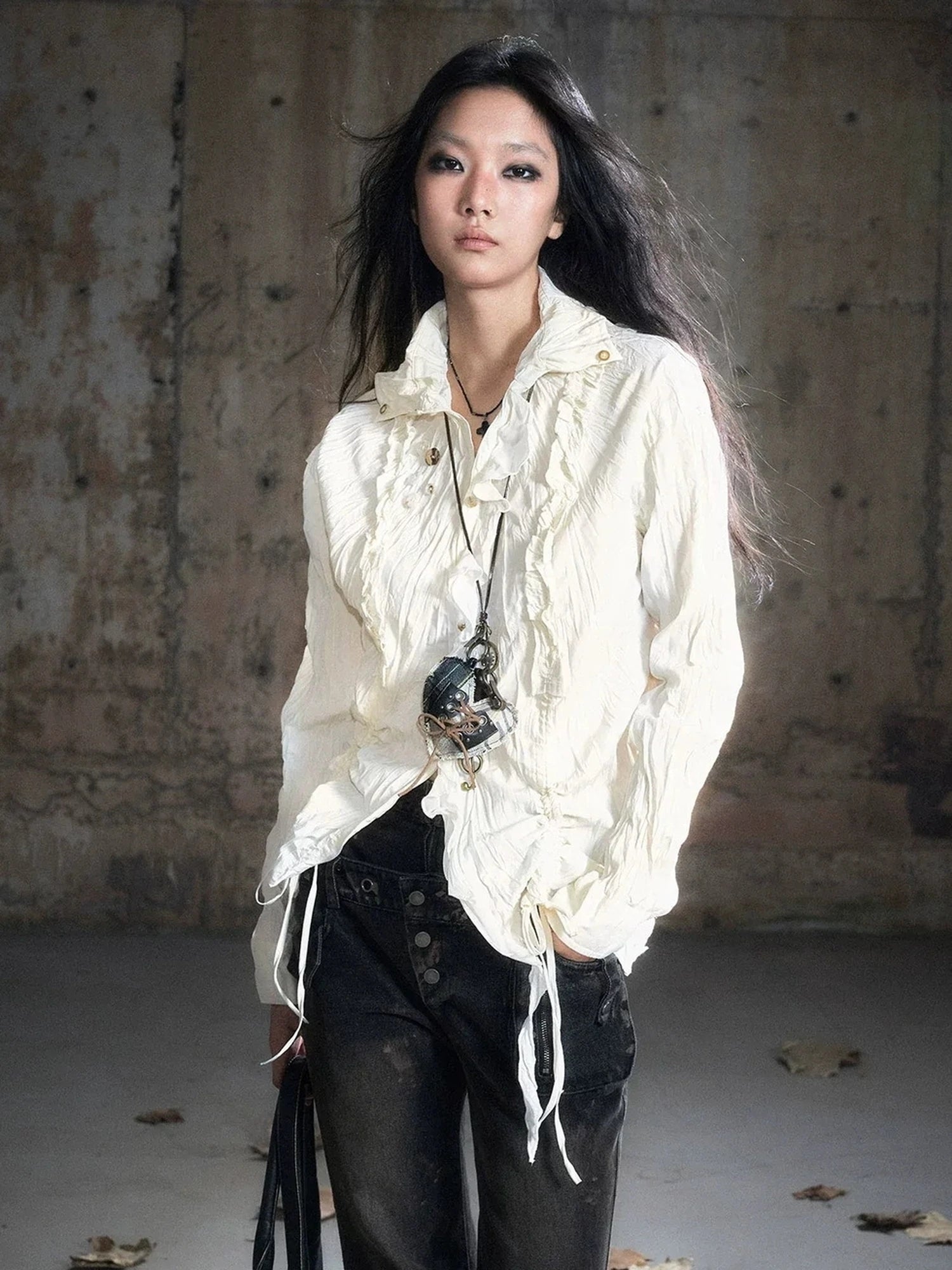 Chinese Clothing Cest Nous Update Distressed Check Shirt With Drawstring Ruffle