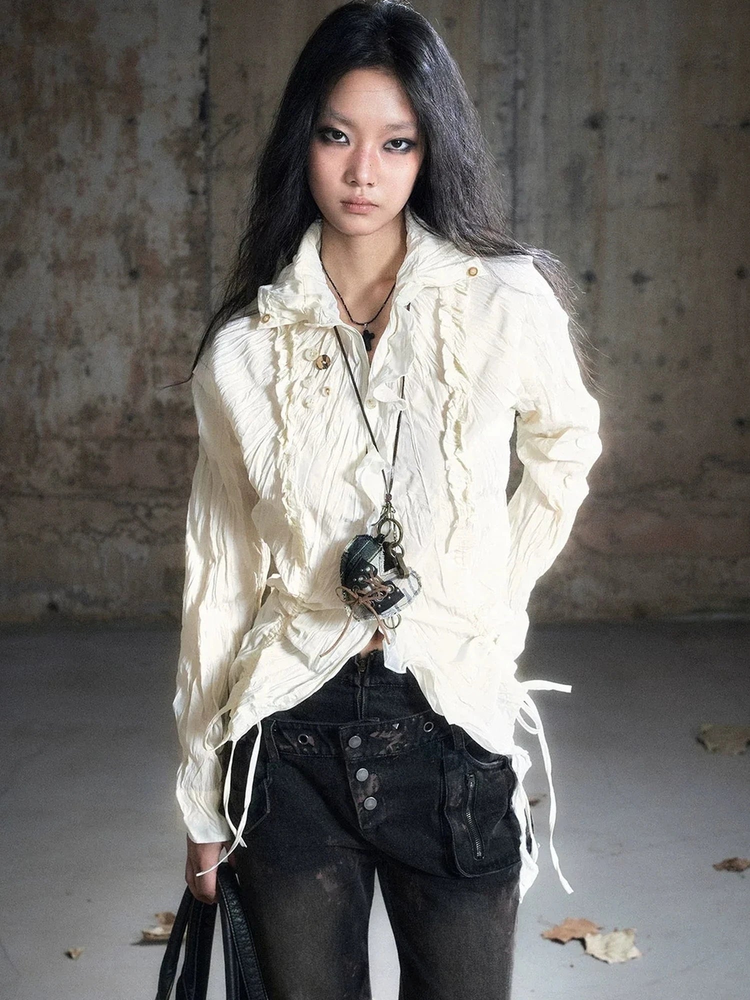 Chinese Clothing Cest Nous Update Distressed Check Shirt With Drawstring Ruffle