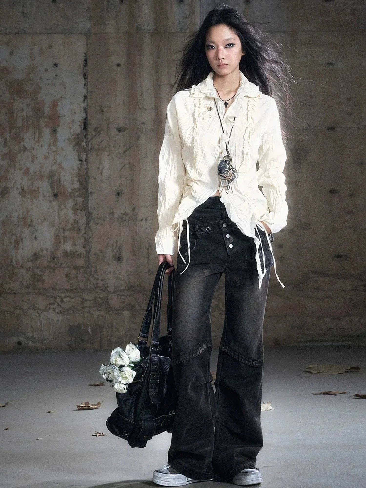 Chinese Clothing Cest Nous Update Distressed Check Shirt With Drawstring Ruffle