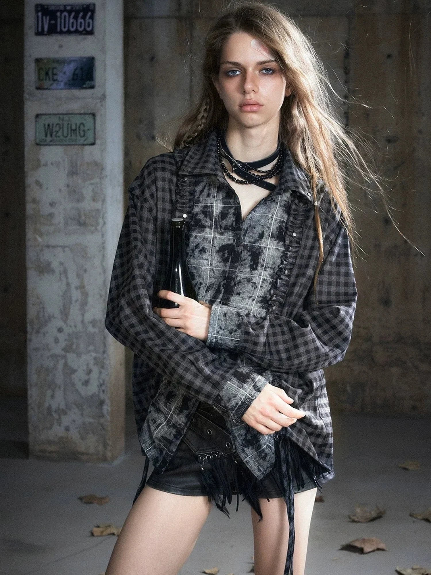 Chinese Clothing Cest Nous Update Distressed Check Shirt With Drawstring Ruffle