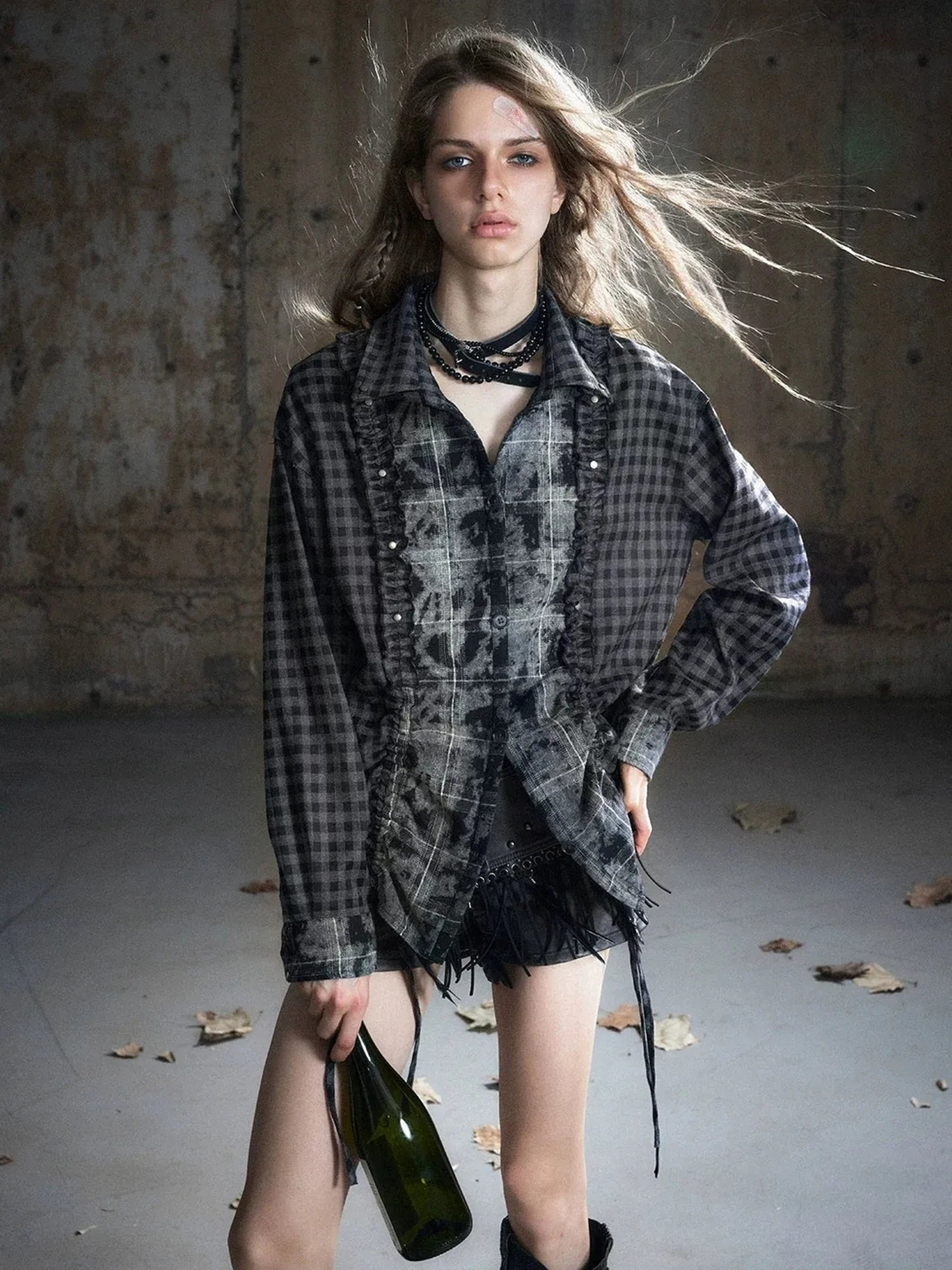 Chinese Clothing Cest Nous Update Distressed Check Shirt With Drawstring Ruffle