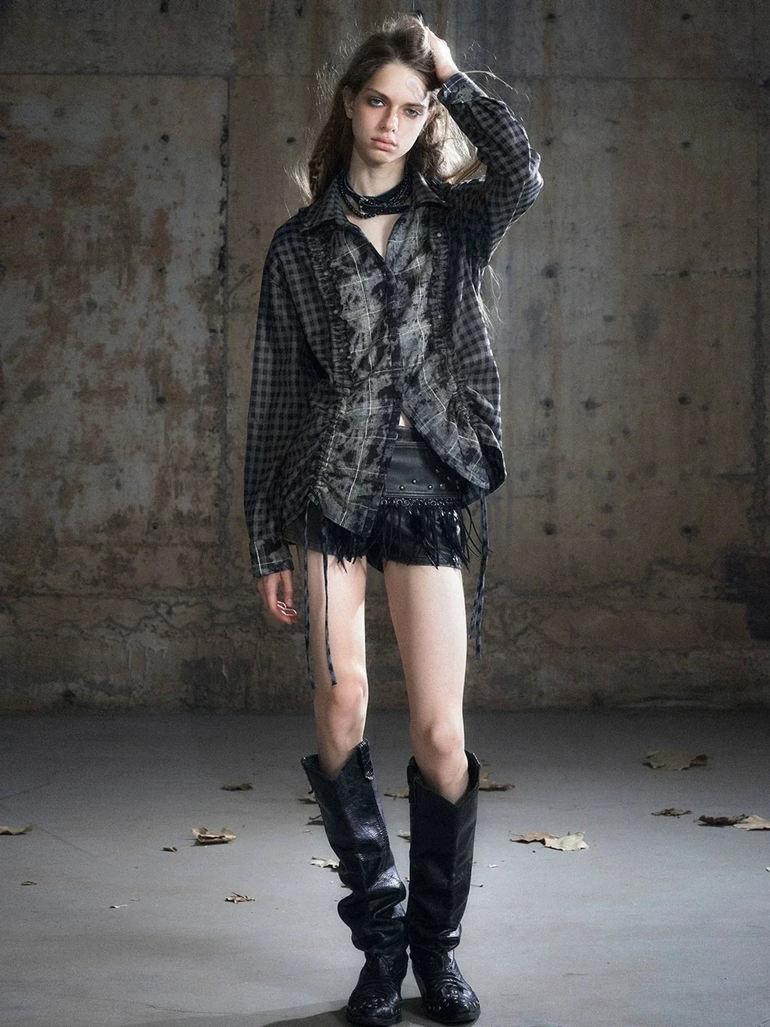 Chinese Clothing Cest Nous Update Distressed Check Shirt With Drawstring Ruffle