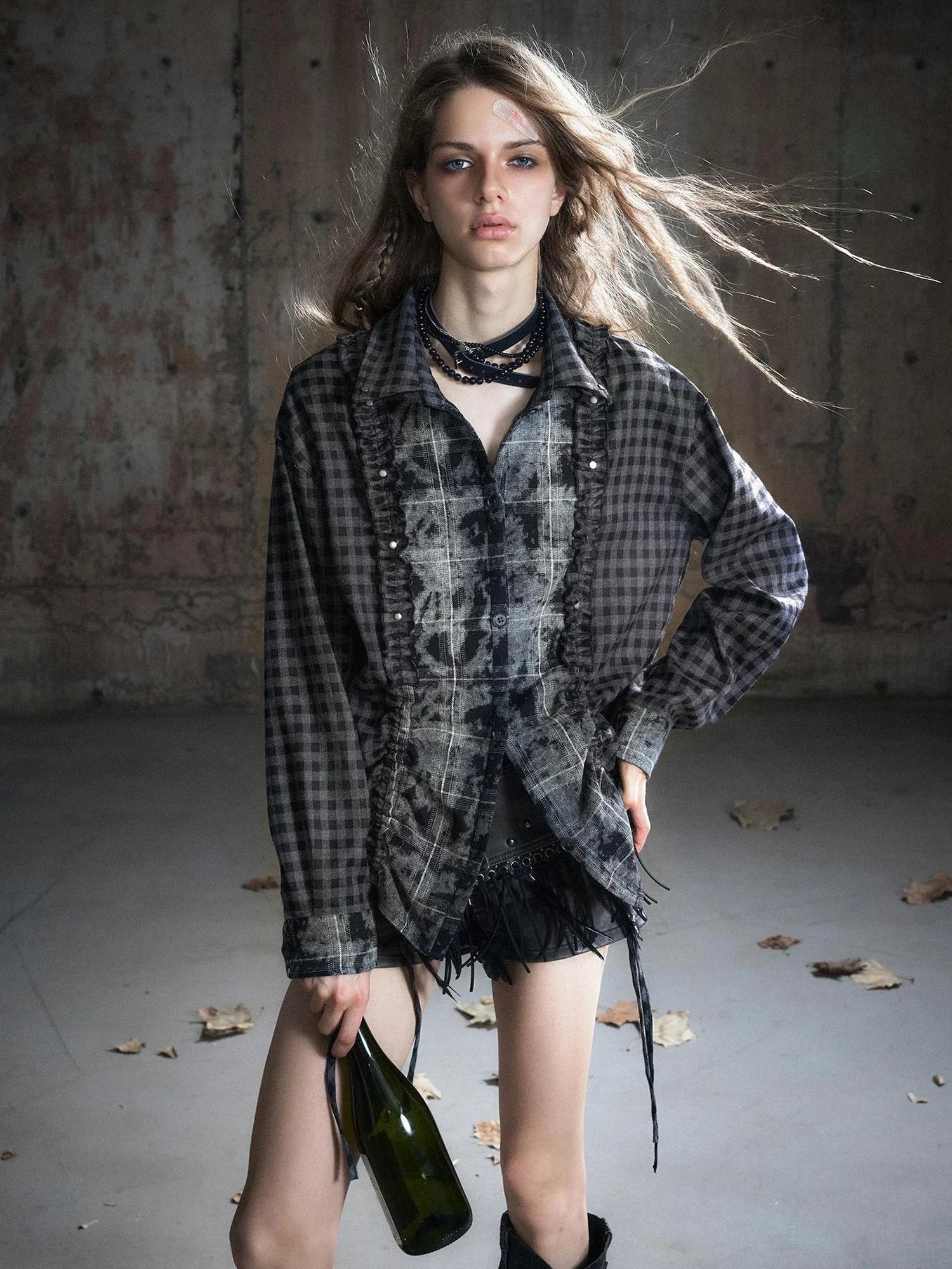Chinese Clothing Cest Nous Update Distressed Check Shirt With Drawstring Ruffle