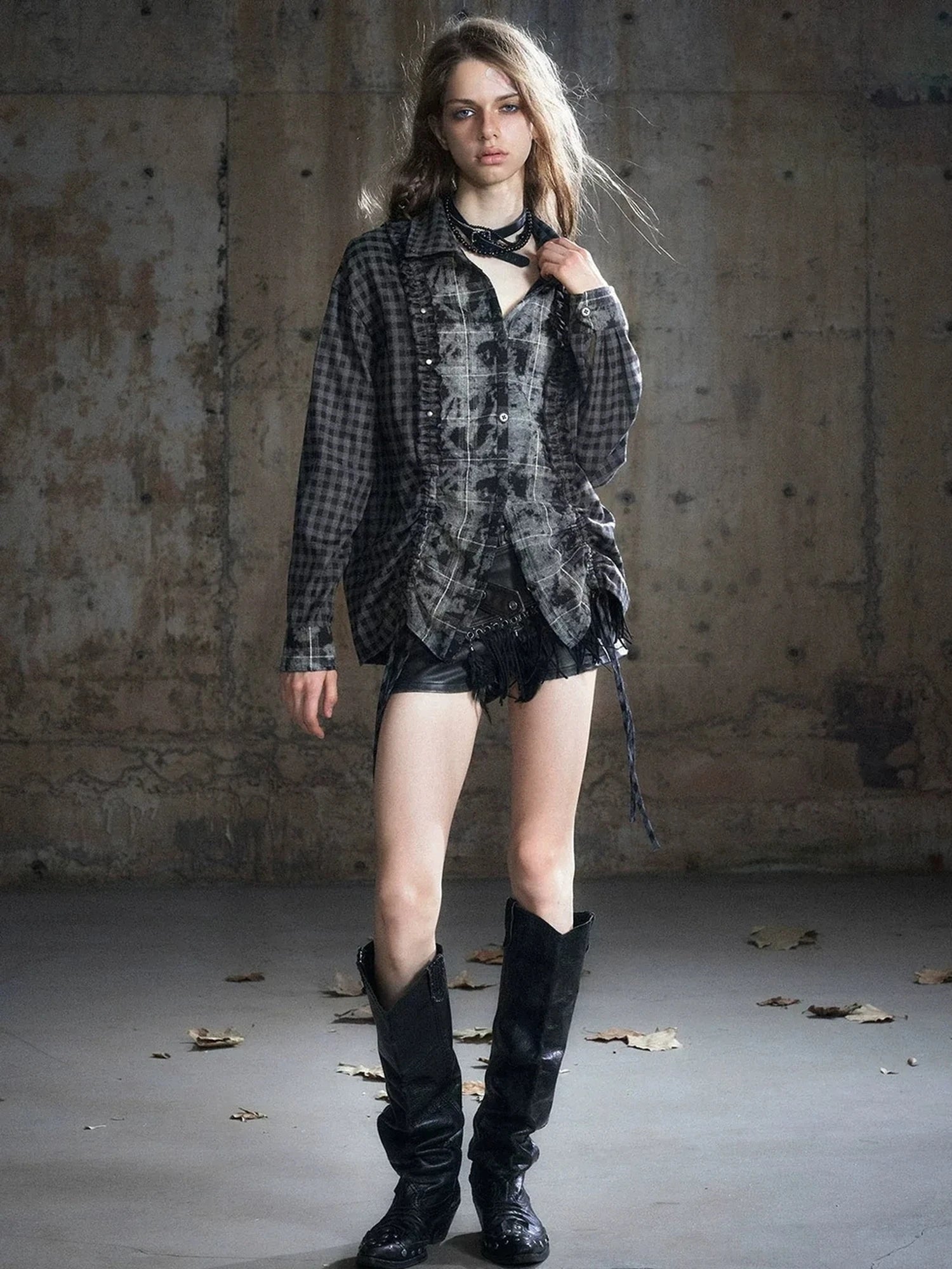 Chinese Clothing Cest Nous Update Distressed Check Shirt With Drawstring Ruffle