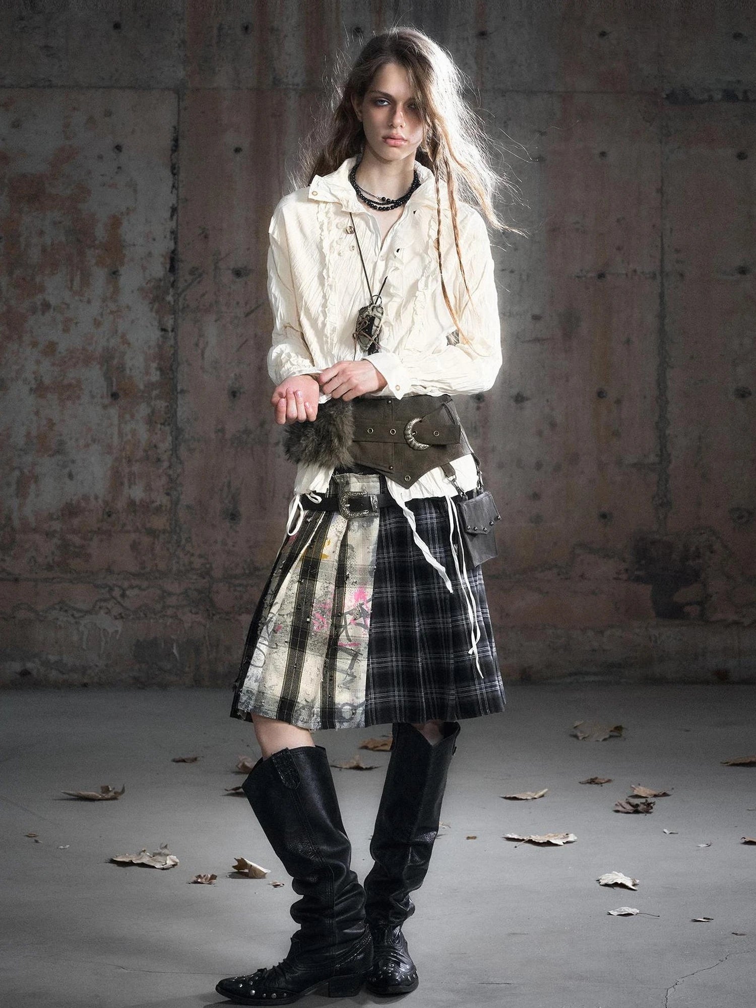 Chinese Clothing Cest Nous Update Distressed Check Shirt With Drawstring Ruffle