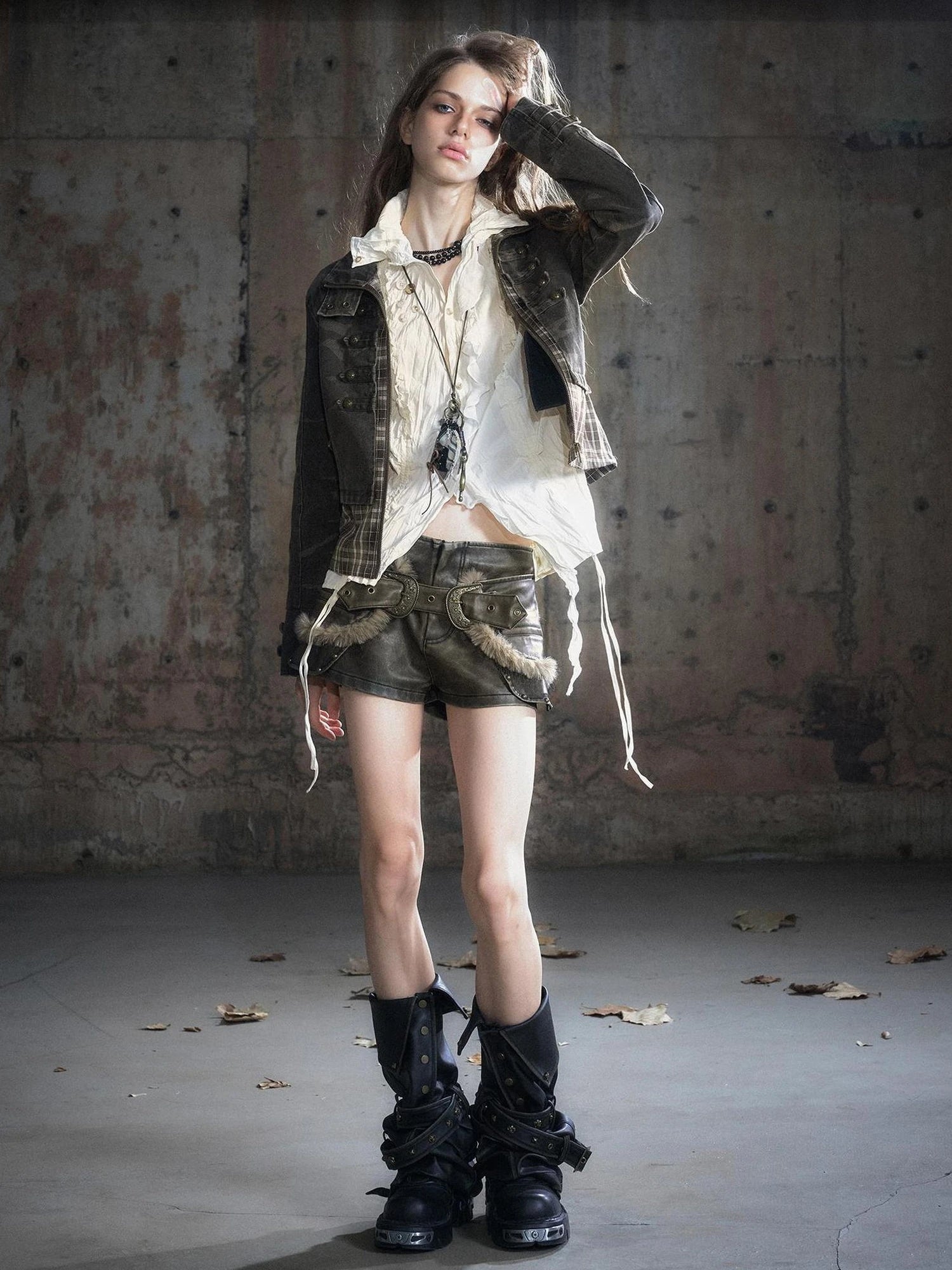 Chinese Clothing Cest Nous Update Distressed Check Shirt With Drawstring Ruffle