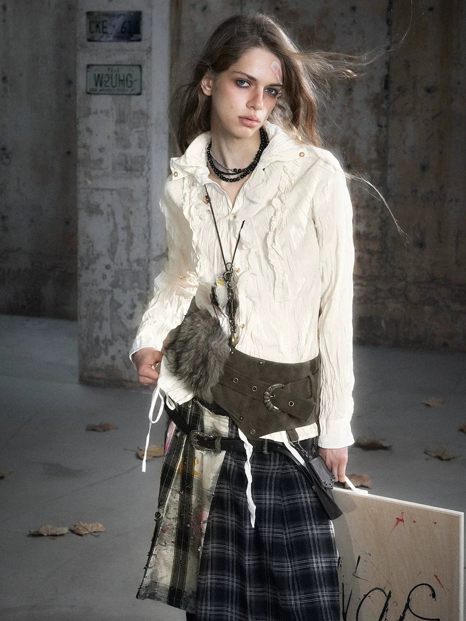 Chinese Clothing Cest Nous Update Distressed Check Shirt With Drawstring Ruffle