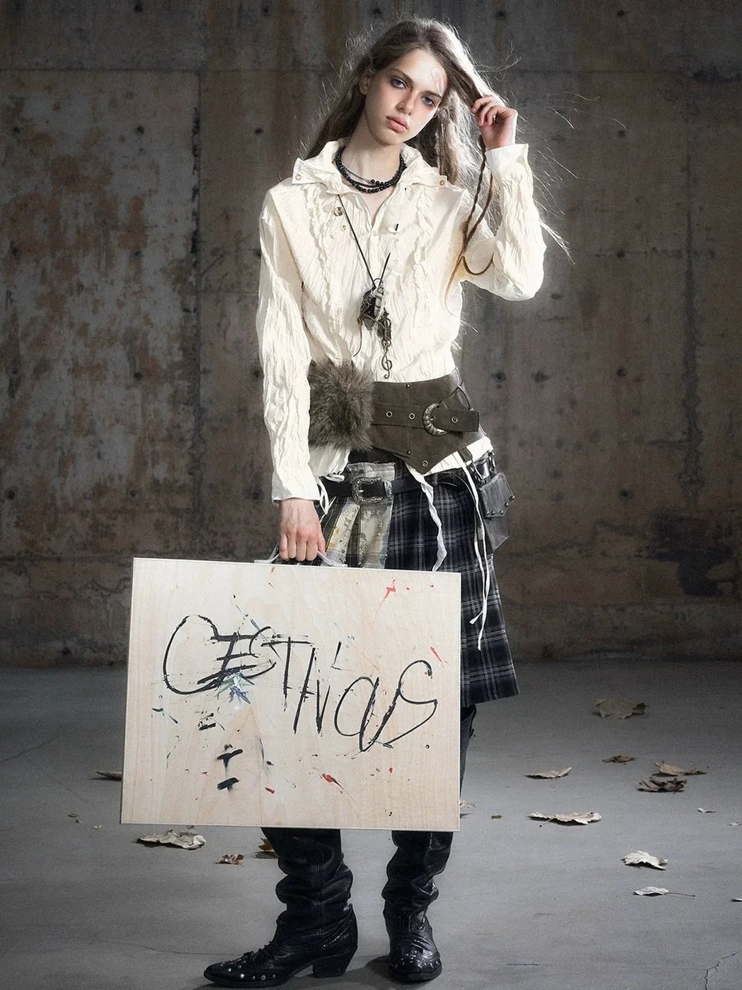 Chinese Clothing Cest Nous Update Distressed Check Shirt With Drawstring Ruffle