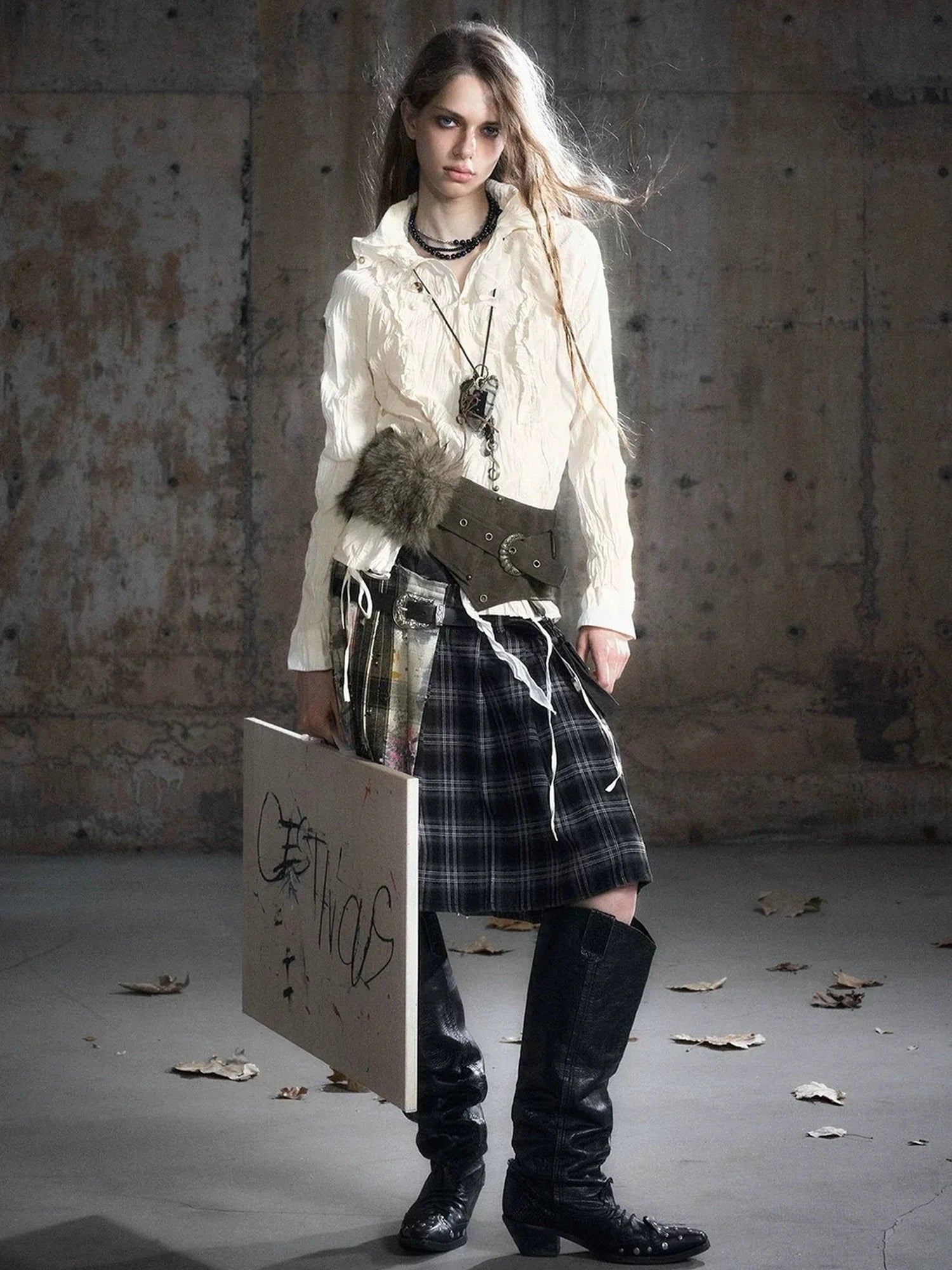 Chinese Clothing Cest Nous Update Distressed Check Shirt With Drawstring Ruffle