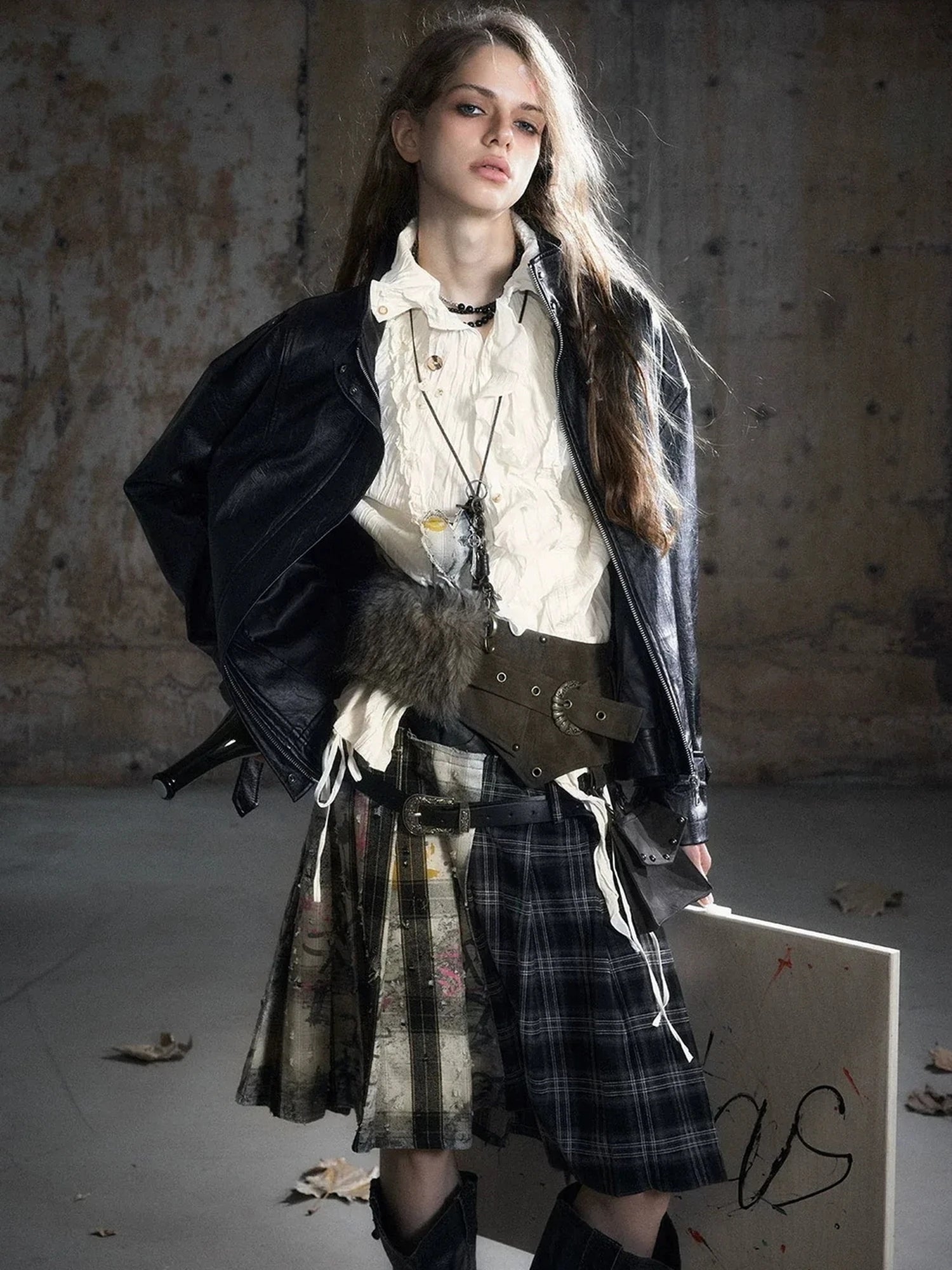 Chinese Clothing Cest Nous Update Distressed Check Shirt With Drawstring Ruffle
