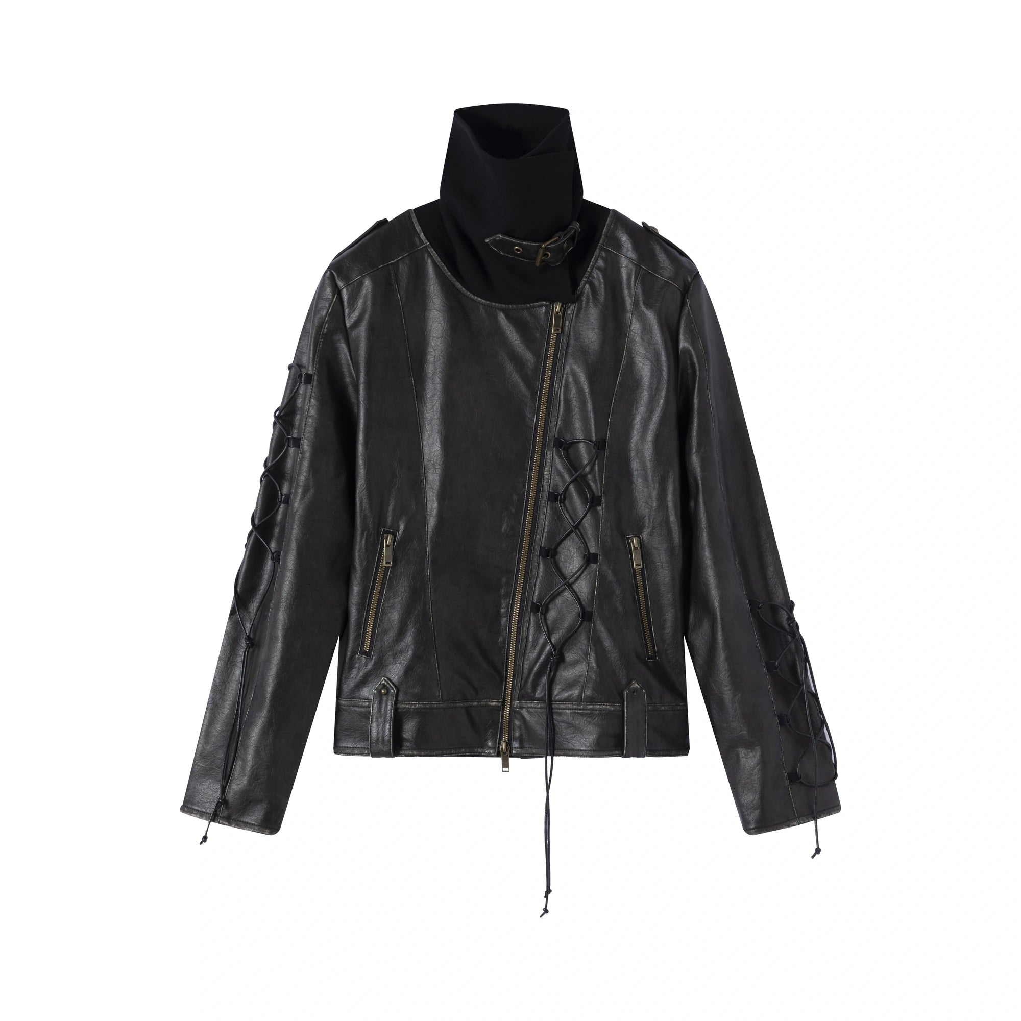 Chinese Clothing Cest Nous Update Distressed Leather Jacket With Knit Cowl Lace Up MISSTT