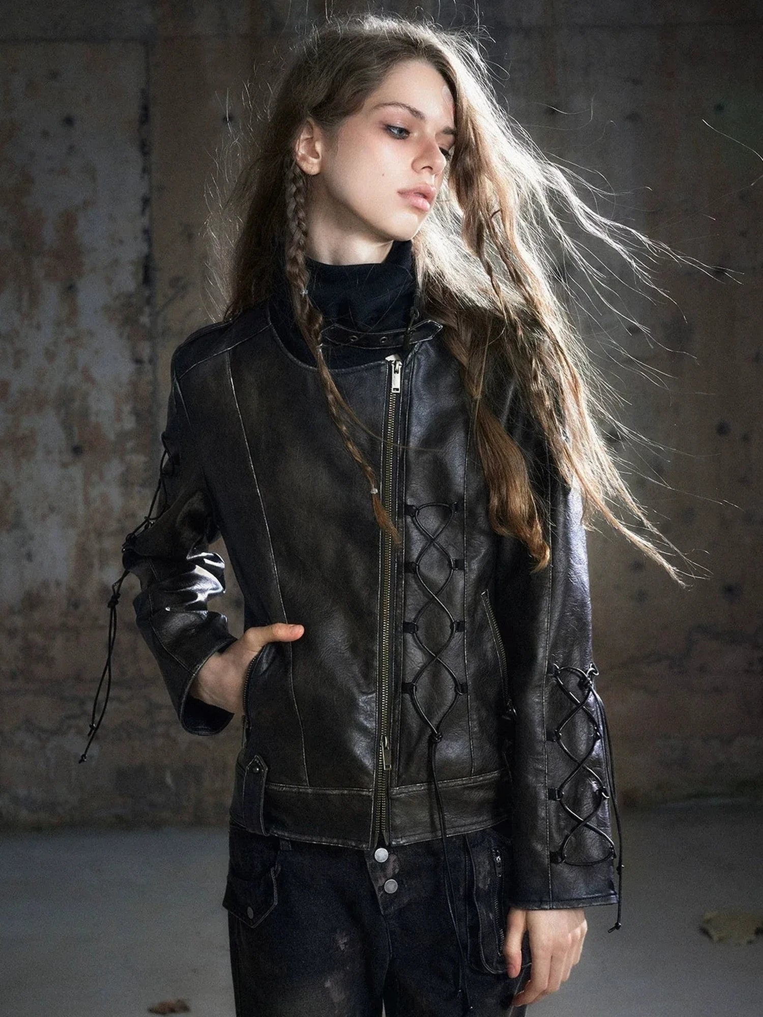Chinese Clothing Cest Nous Update Distressed Leather Jacket With Knit Cowl Lace Up