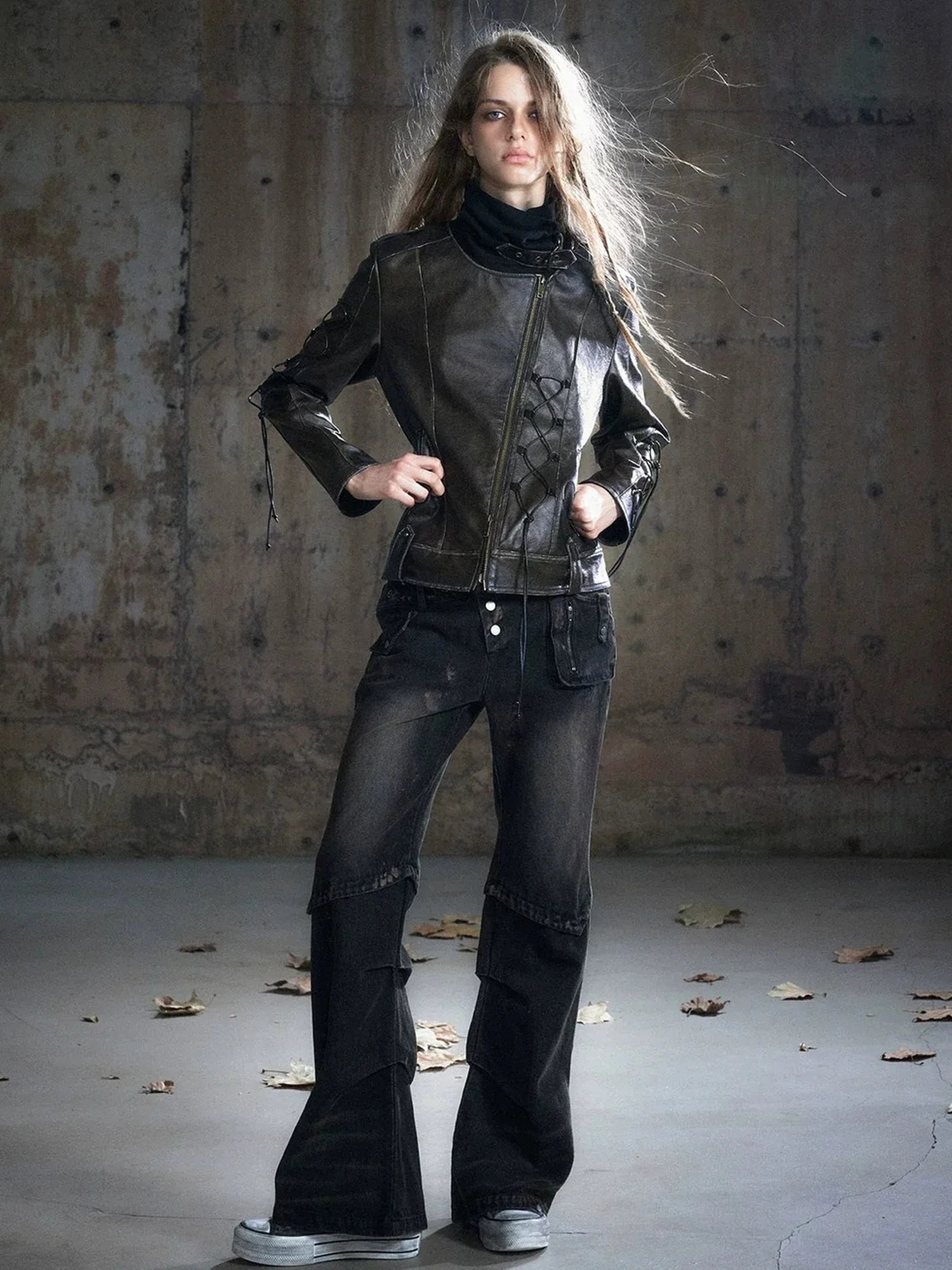 Chinese Clothing Cest Nous Update Distressed Leather Jacket With Knit Cowl Lace Up