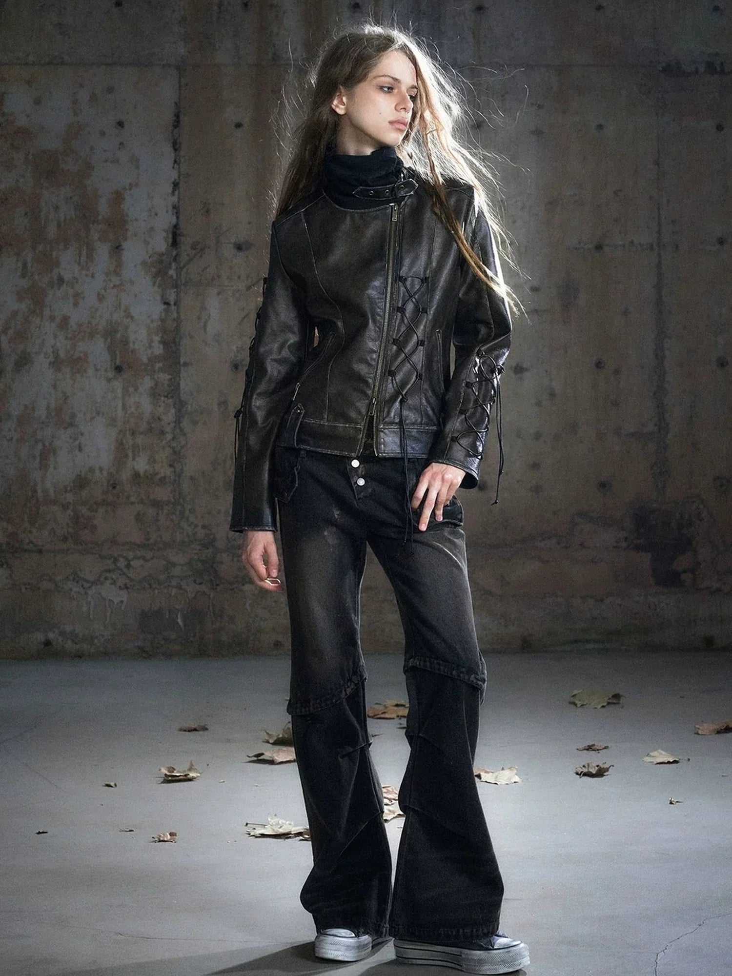 Chinese Clothing Cest Nous Update Distressed Leather Jacket With Knit Cowl Lace Up