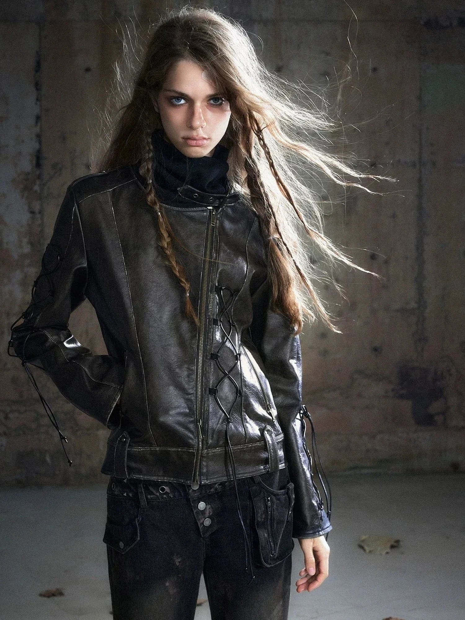 Chinese Clothing Cest Nous Update Distressed Leather Jacket With Knit Cowl Lace Up