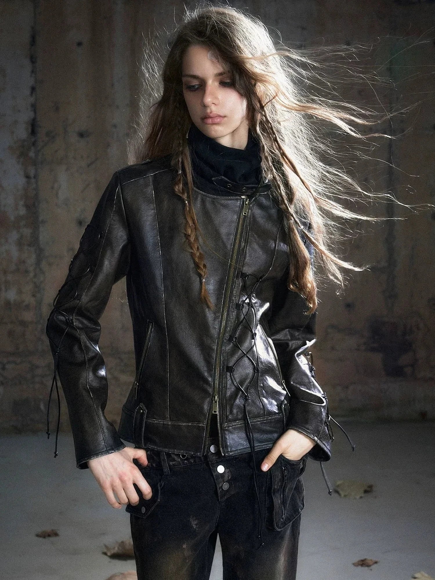 Chinese Clothing Cest Nous Update Distressed Leather Jacket With Knit Cowl Lace Up