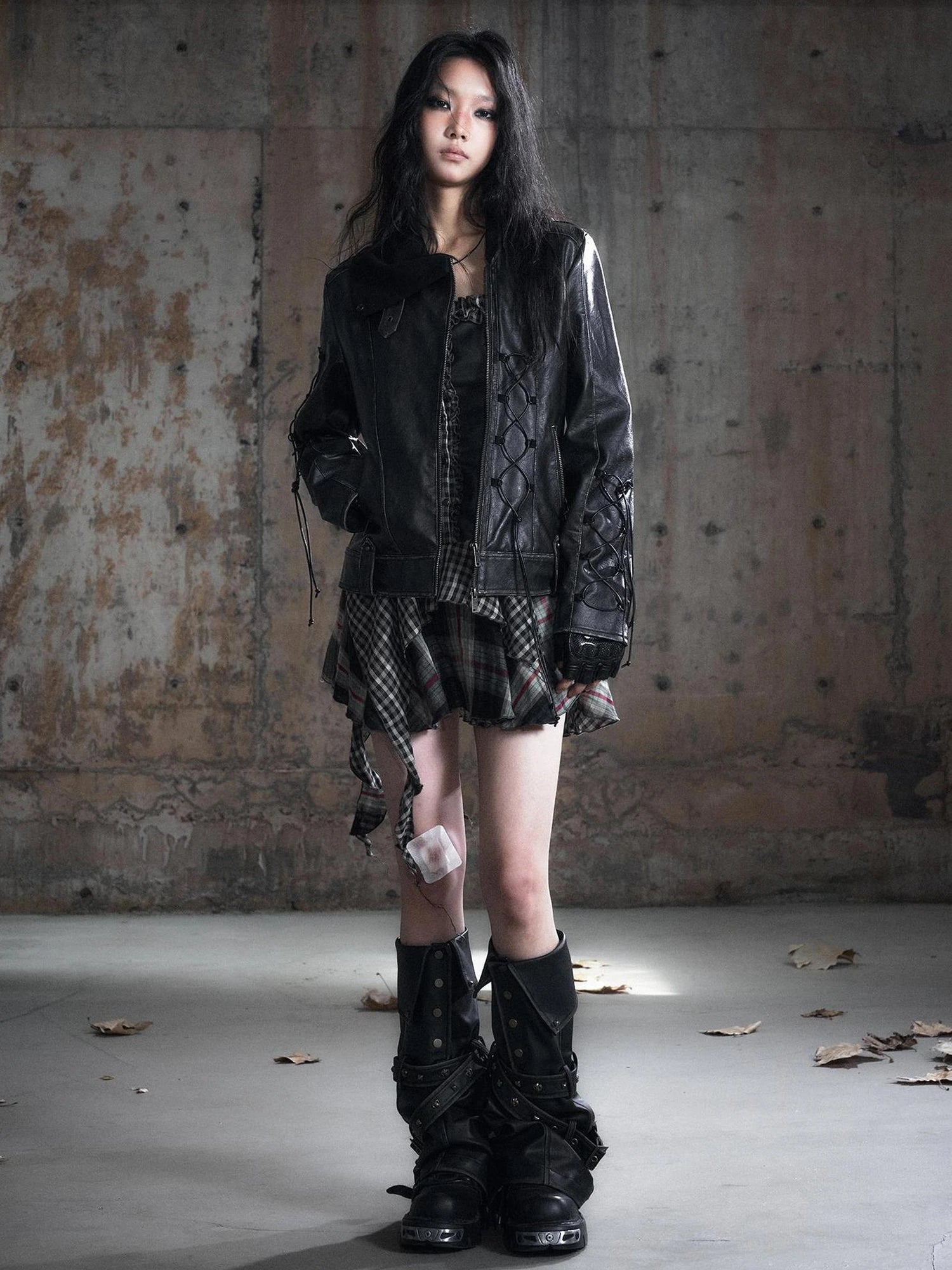 Chinese Clothing Cest Nous Update Distressed Leather Jacket With Knit Cowl Lace Up