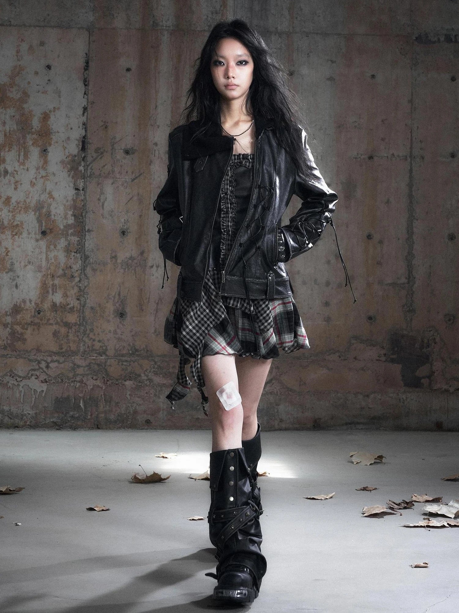 Chinese Clothing Cest Nous Update Distressed Leather Jacket With Knit Cowl Lace Up