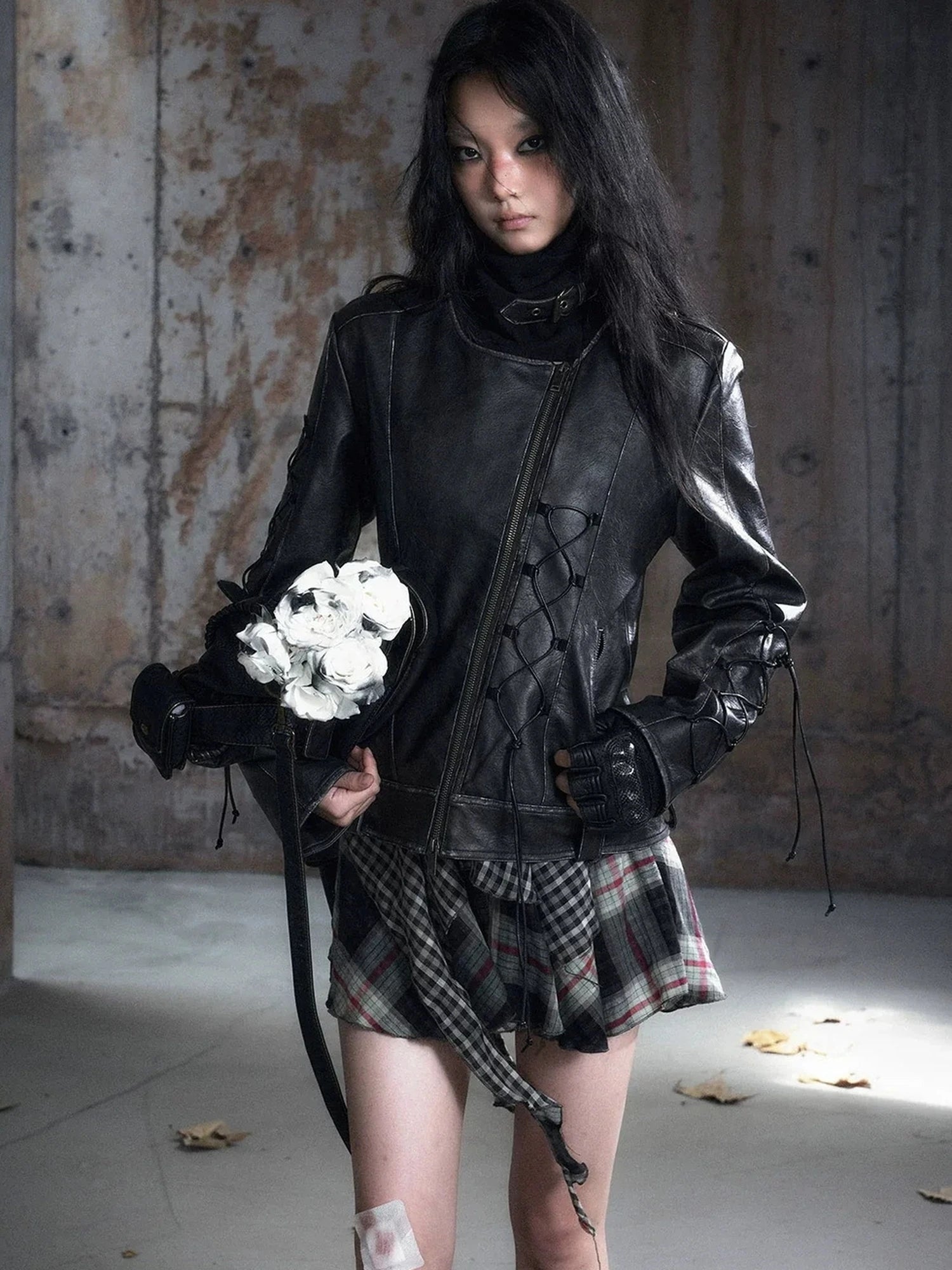 Chinese Clothing Cest Nous Update Distressed Leather Jacket With Knit Cowl Lace Up
