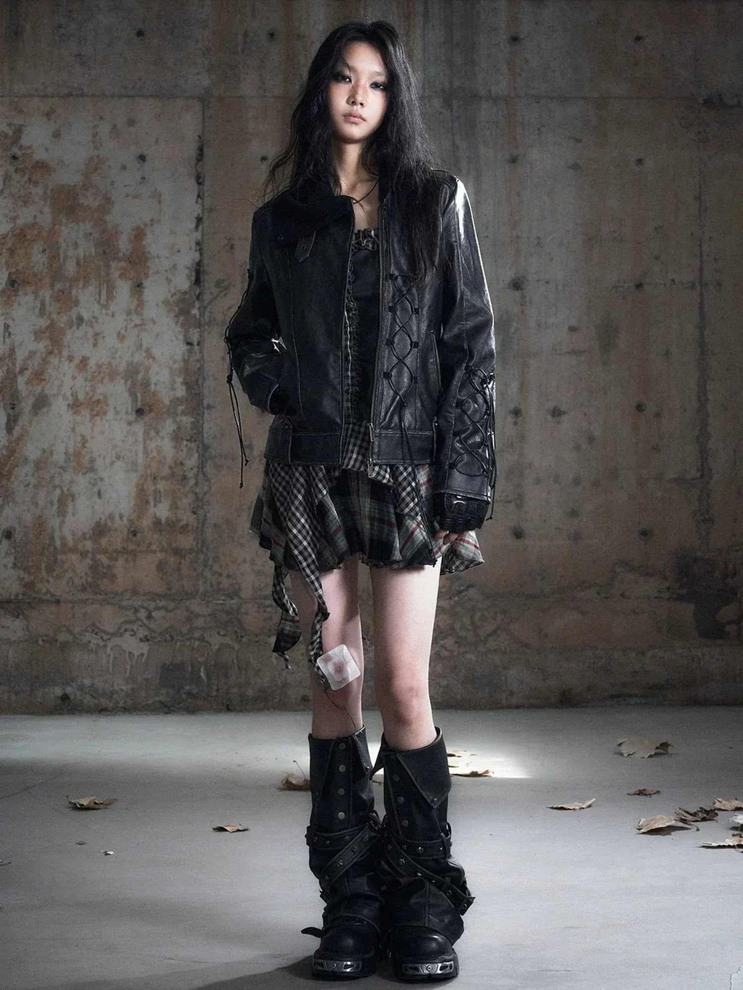 Chinese Clothing Cest Nous Update Distressed Leather Jacket With Knit Cowl Lace Up