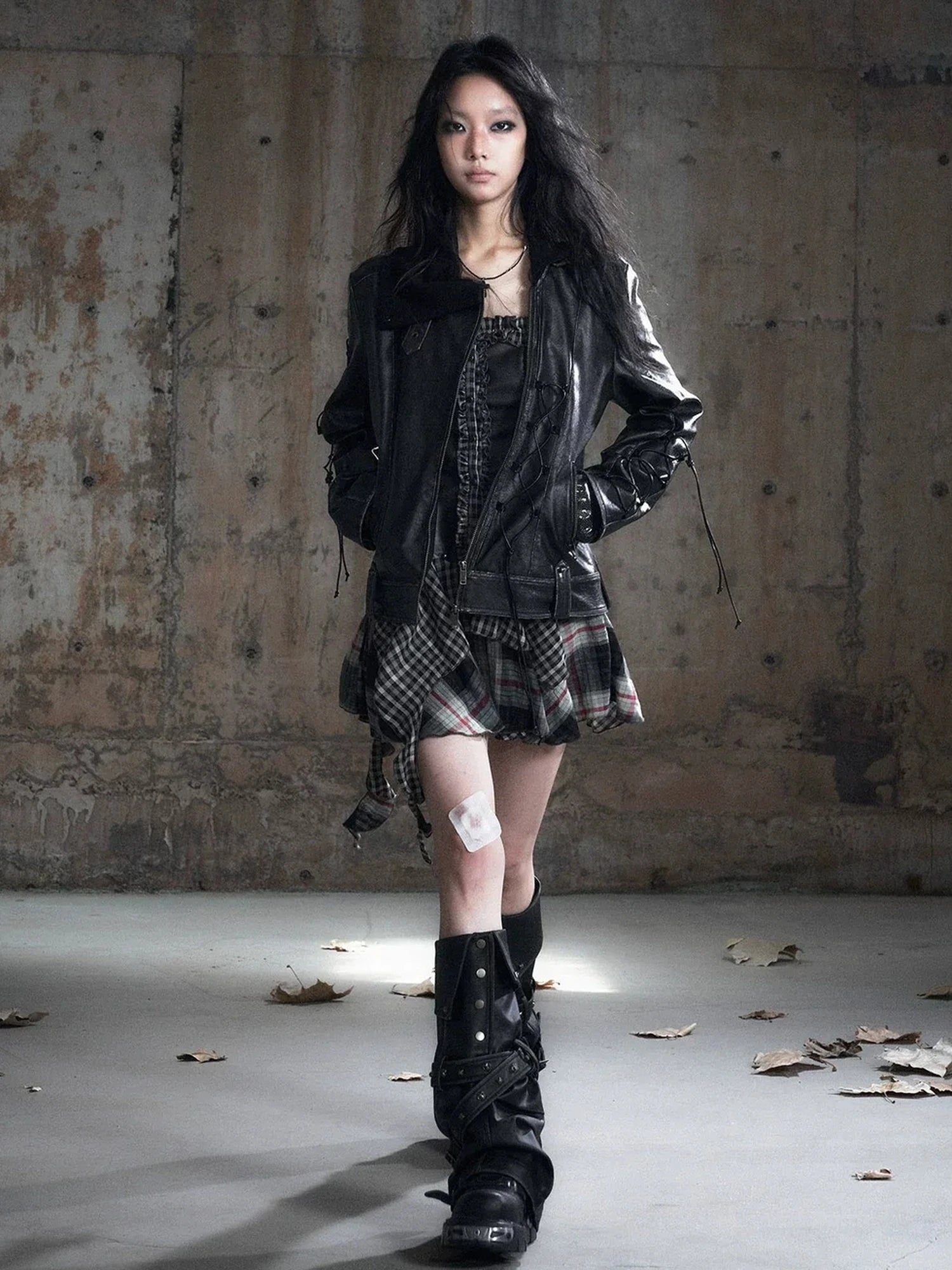 Chinese Clothing Cest Nous Update Distressed Leather Jacket With Knit Cowl Lace Up