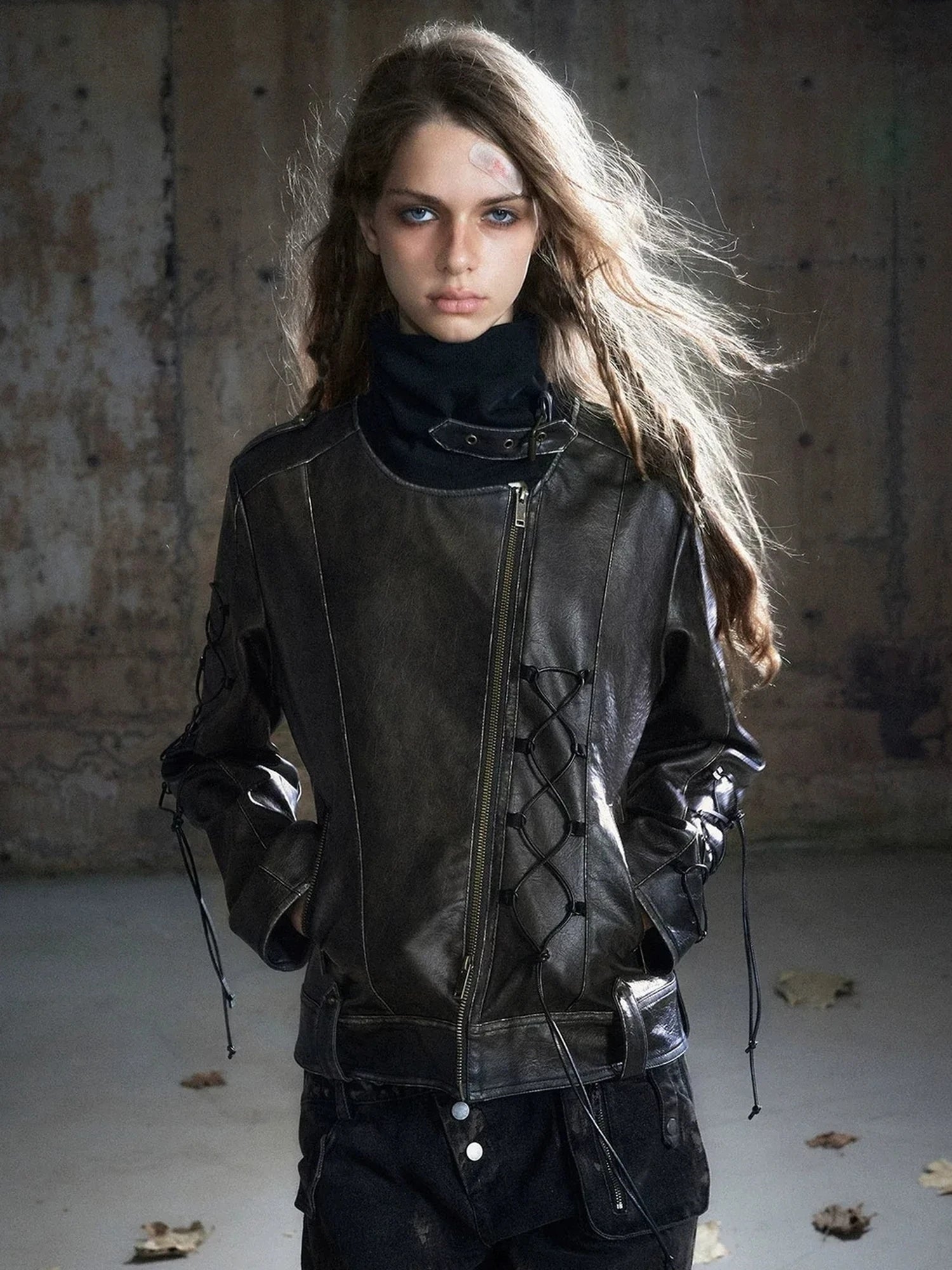 Chinese Clothing Cest Nous Update Distressed Leather Jacket With Knit Cowl Lace Up