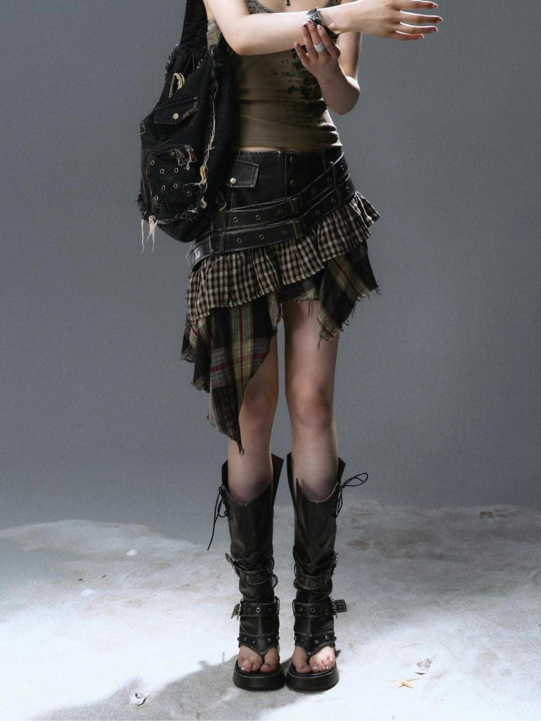 Chinese Clothing Cest Nous Update Distressed Leather Punk Plaid Skirt