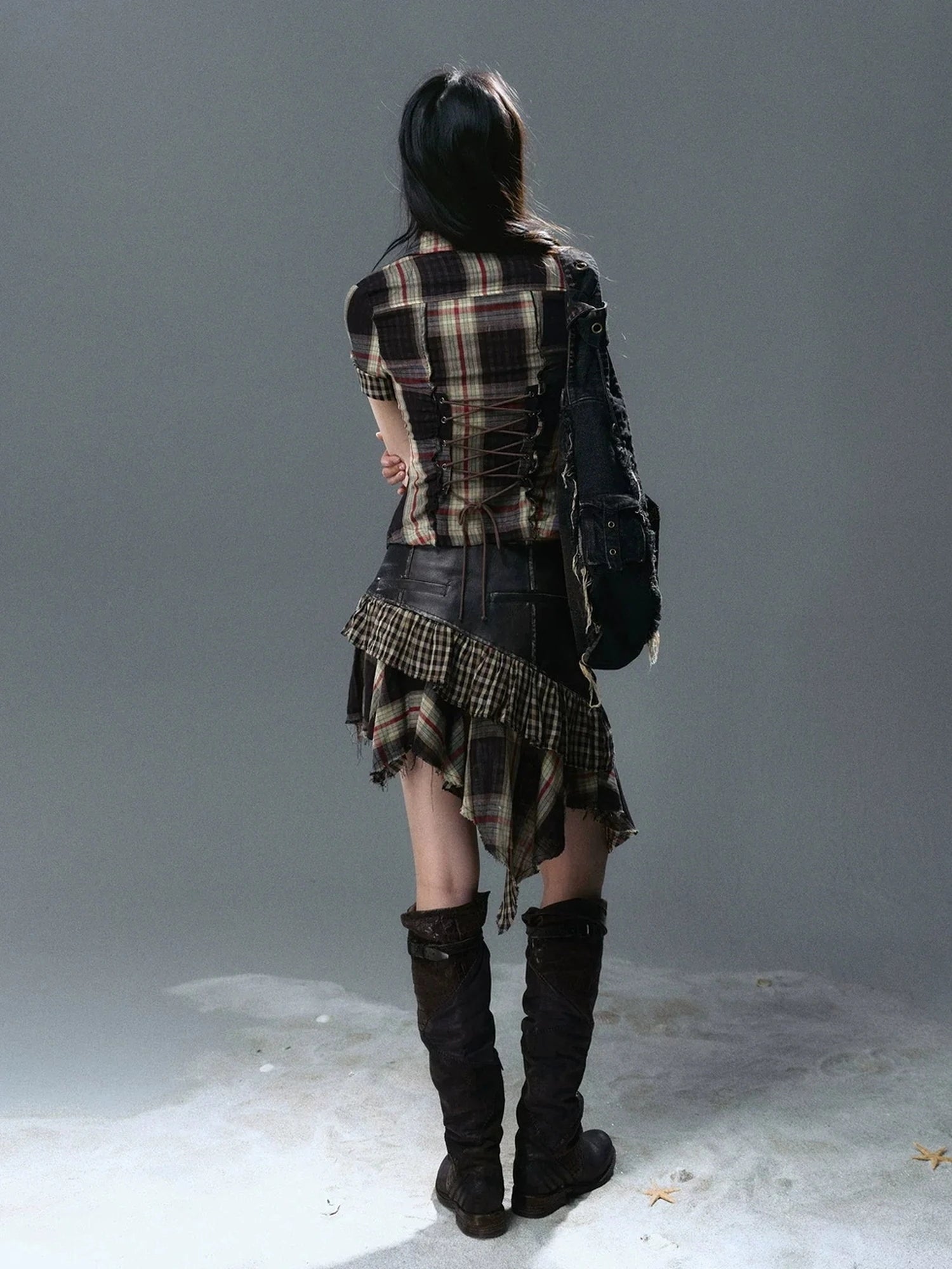 Chinese Clothing Cest Nous Update Distressed Leather Punk Plaid Skirt