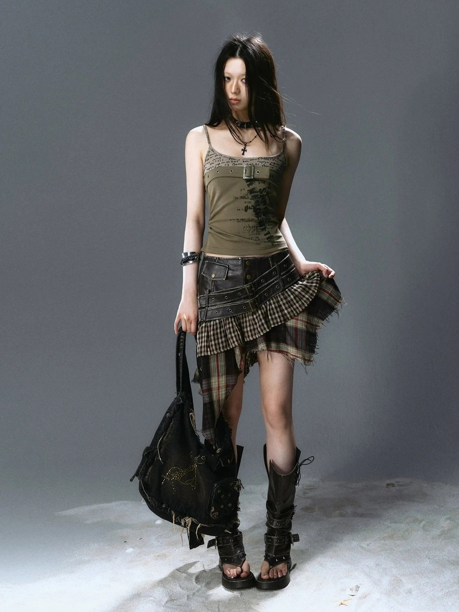 Chinese Clothing Cest Nous Update Distressed Leather Punk Plaid Skirt