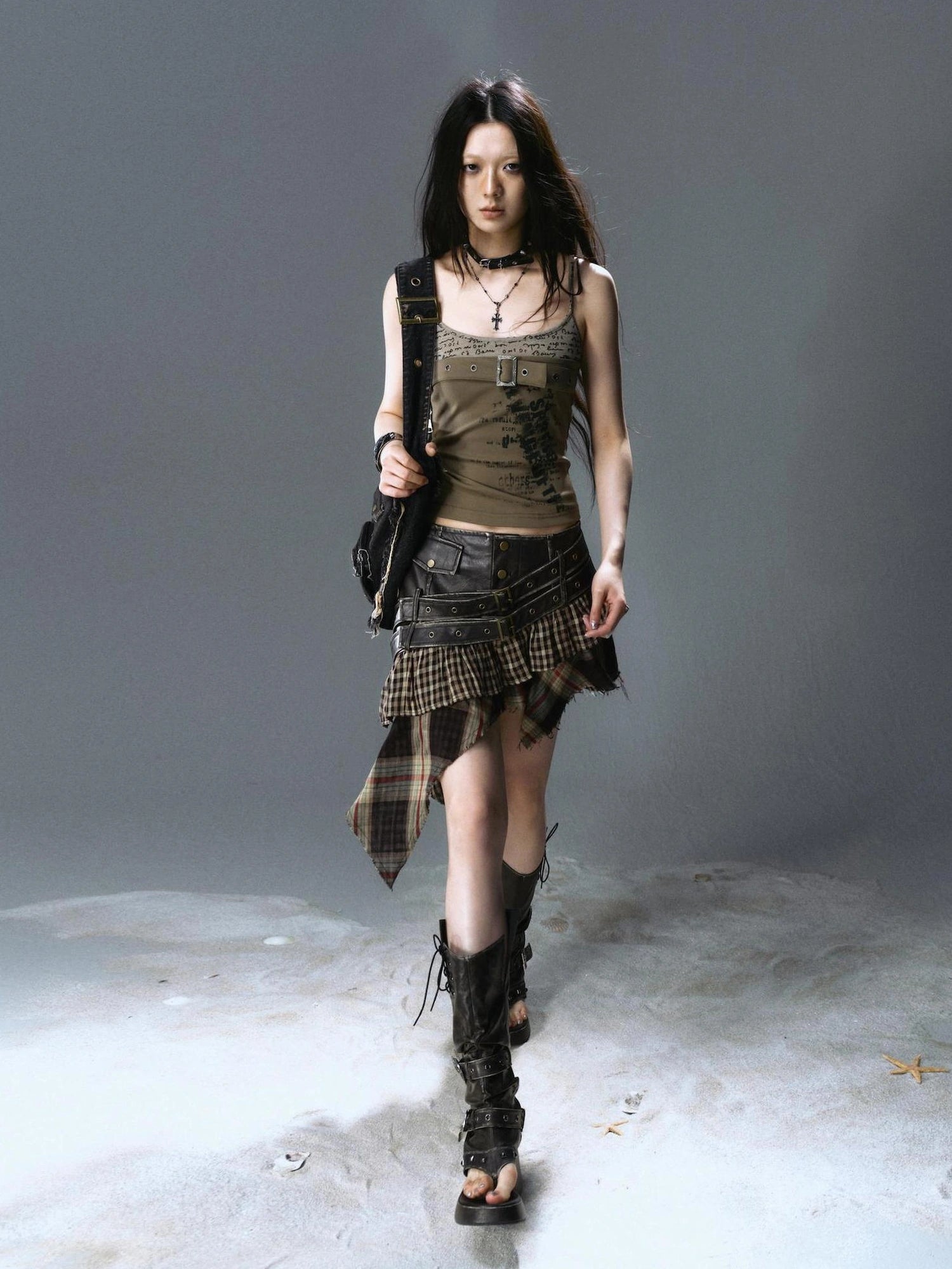 Chinese Clothing Cest Nous Update Distressed Leather Punk Plaid Skirt