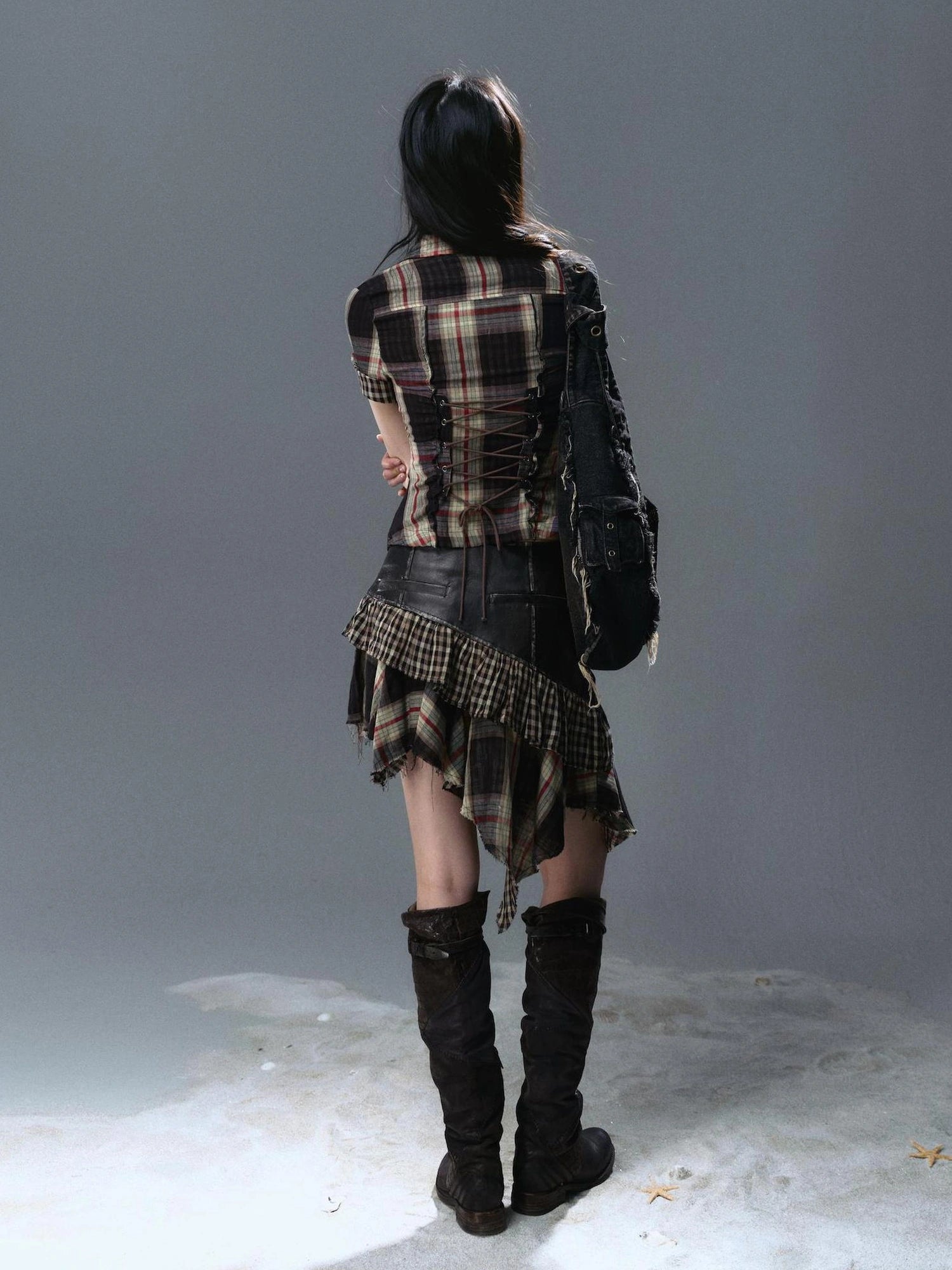 Chinese Clothing Cest Nous Update Distressed Leather Punk Plaid Skirt