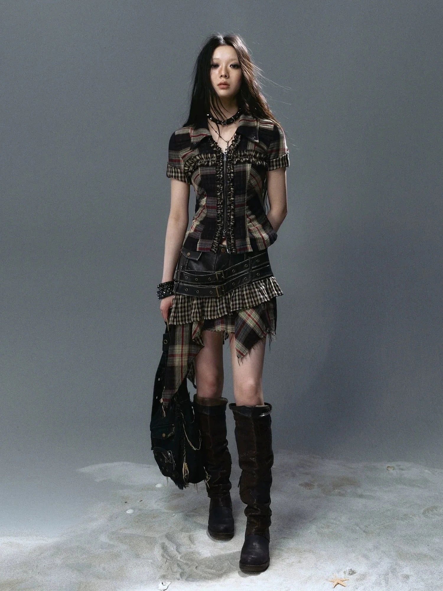Chinese Clothing Cest Nous Update Distressed Leather Punk Plaid Skirt