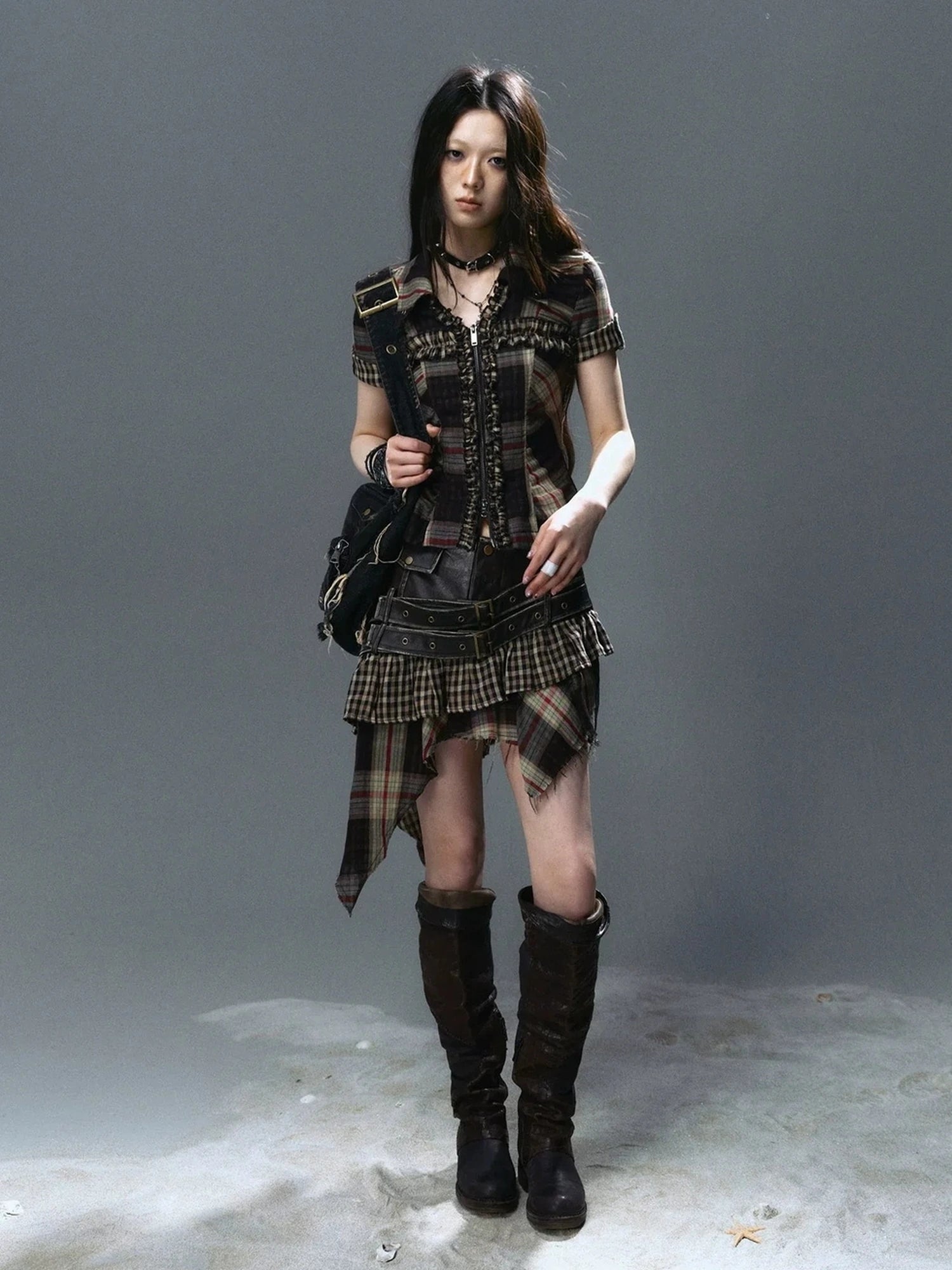 Chinese Clothing Cest Nous Update Distressed Leather Punk Plaid Skirt