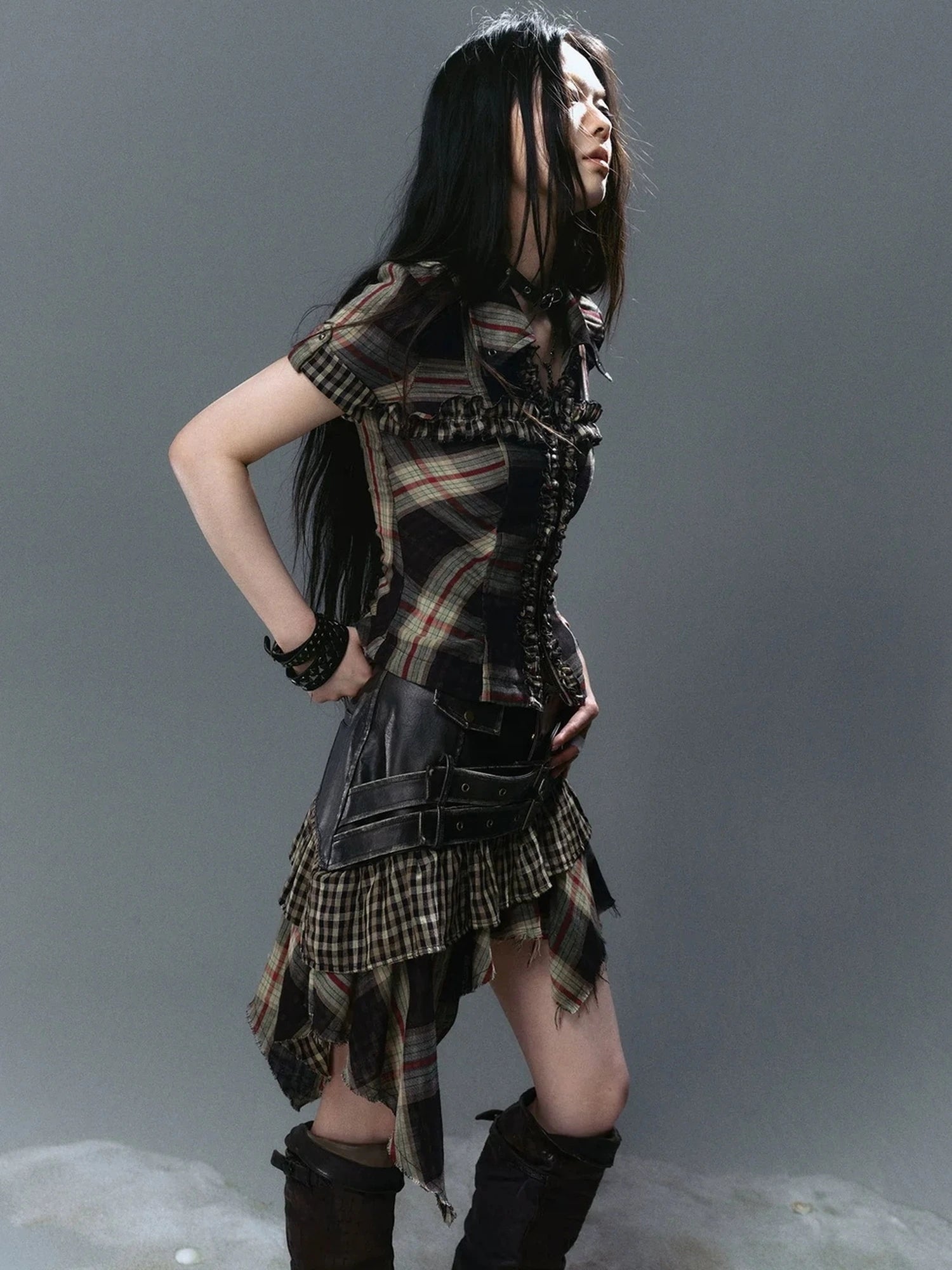 Chinese Clothing Cest Nous Update Distressed Leather Punk Plaid Skirt