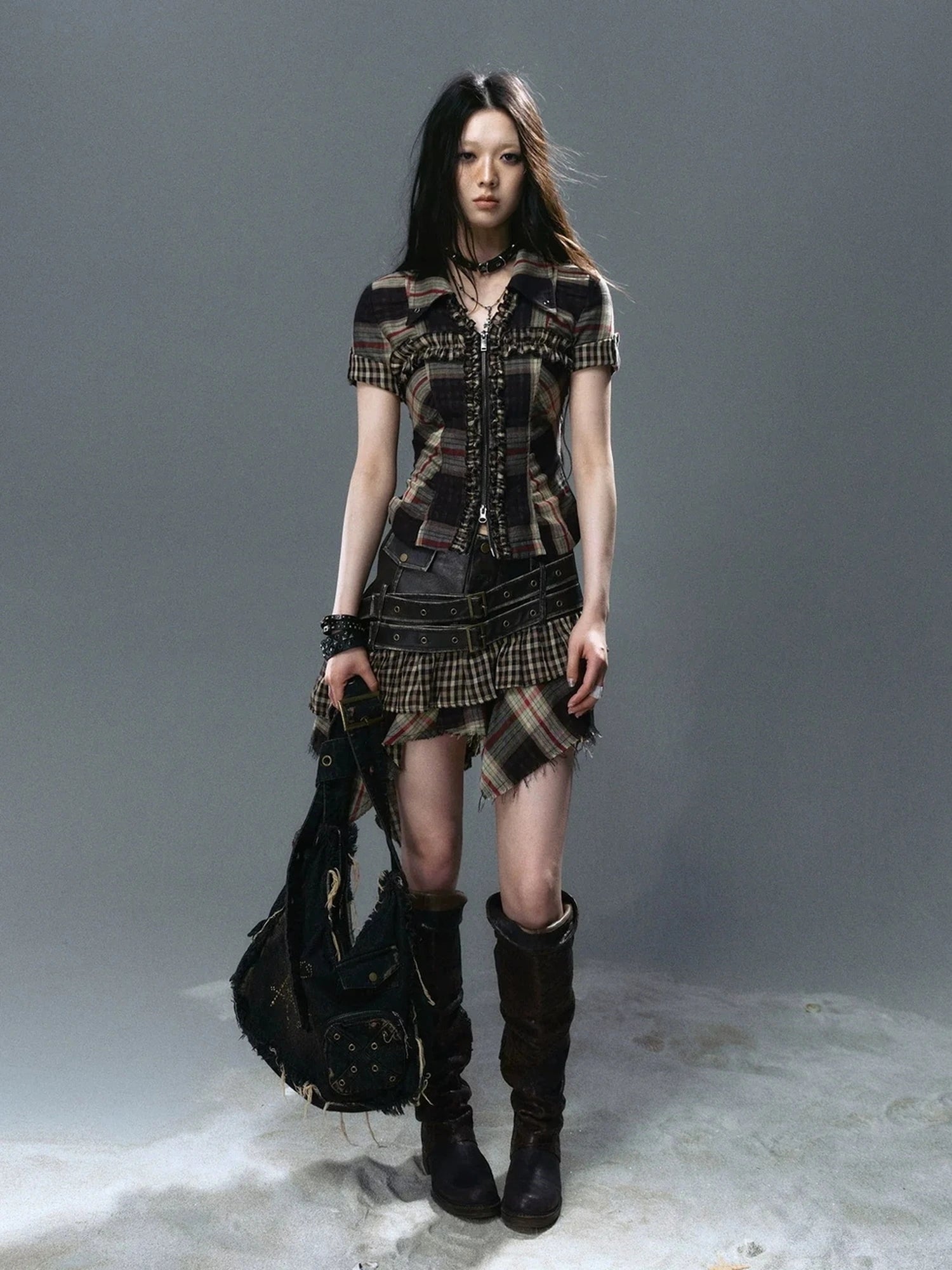 Chinese Clothing Cest Nous Update Distressed Leather Punk Plaid Skirt