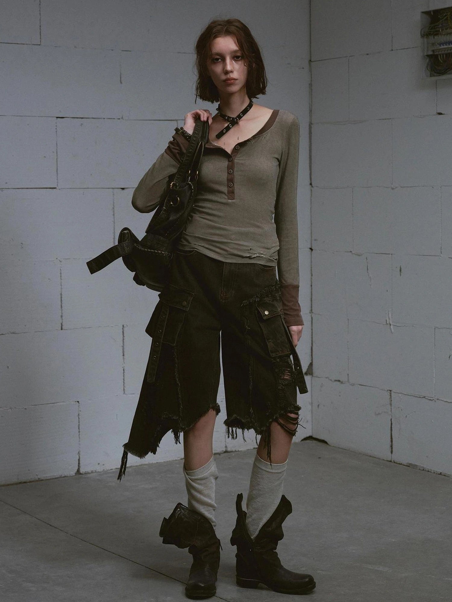 Chinese Clothing Cest Nous Update Distressed Mud Dyed Grunge Cropped Jeans