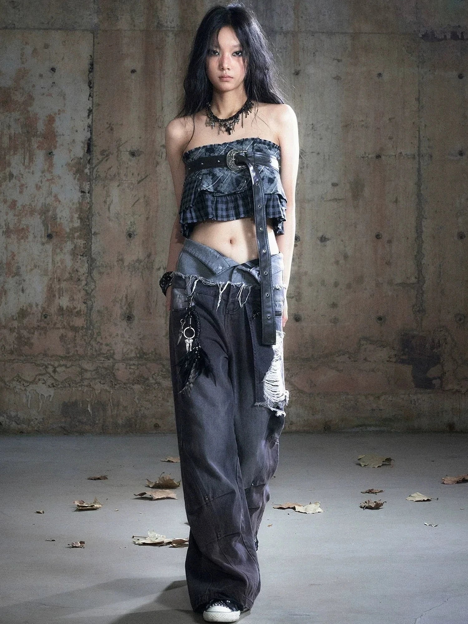 Chinese Clothing Cest Nous Update Double Waist Distressed Grey Flared Jeans