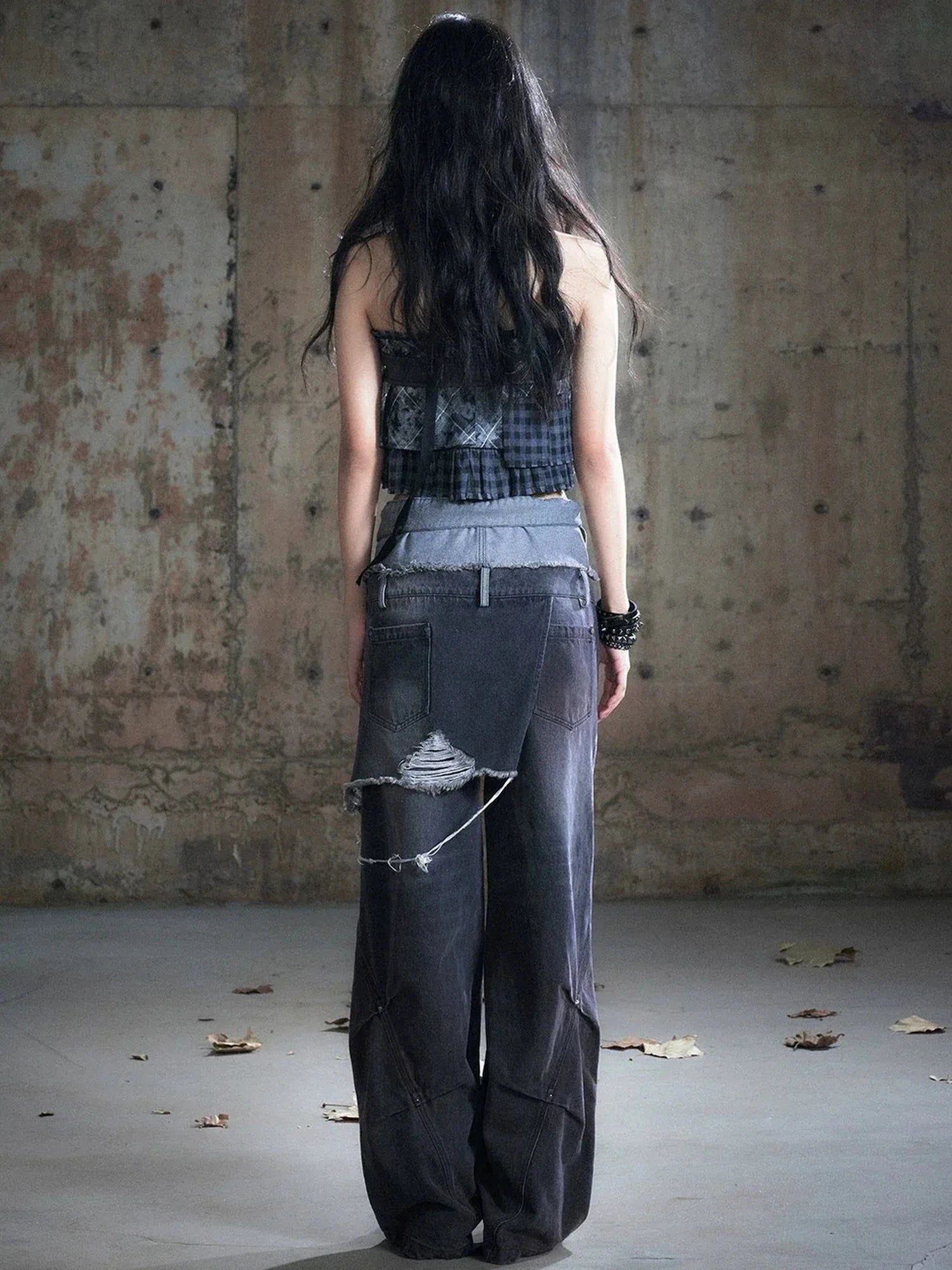 Chinese Clothing Cest Nous Update Double Waist Distressed Grey Flared Jeans