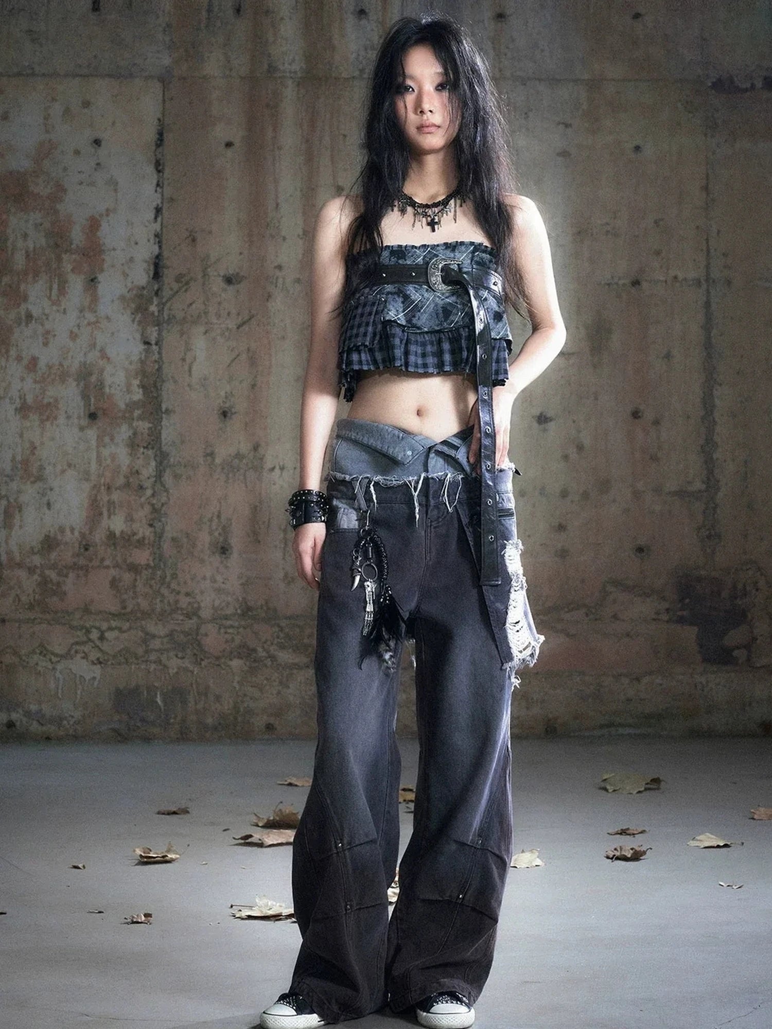 Chinese Clothing Cest Nous Update Double Waist Distressed Grey Flared Jeans