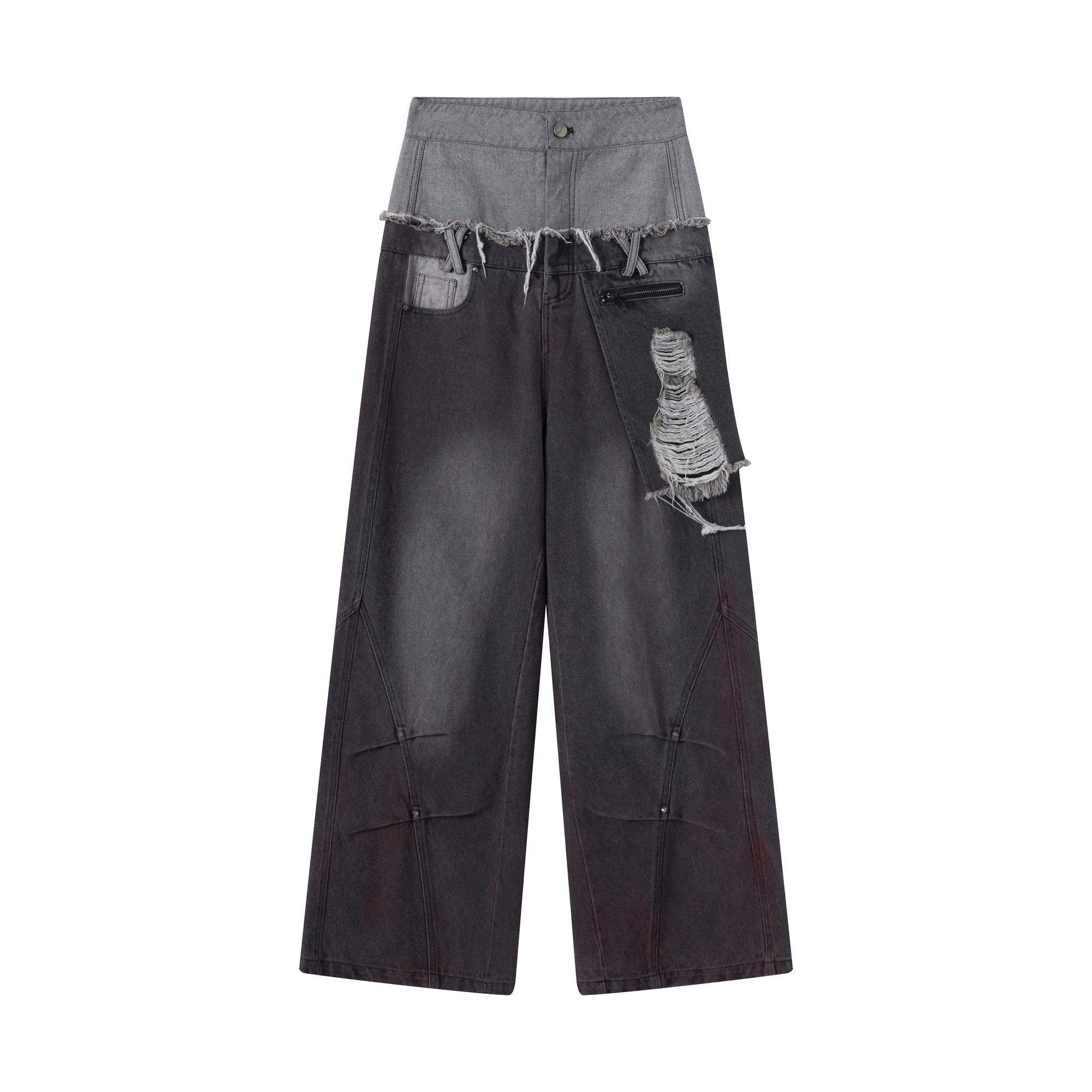 Chinese Clothing Cest Nous Update Double Waist Distressed Grey Flared Jeans MISSTT
