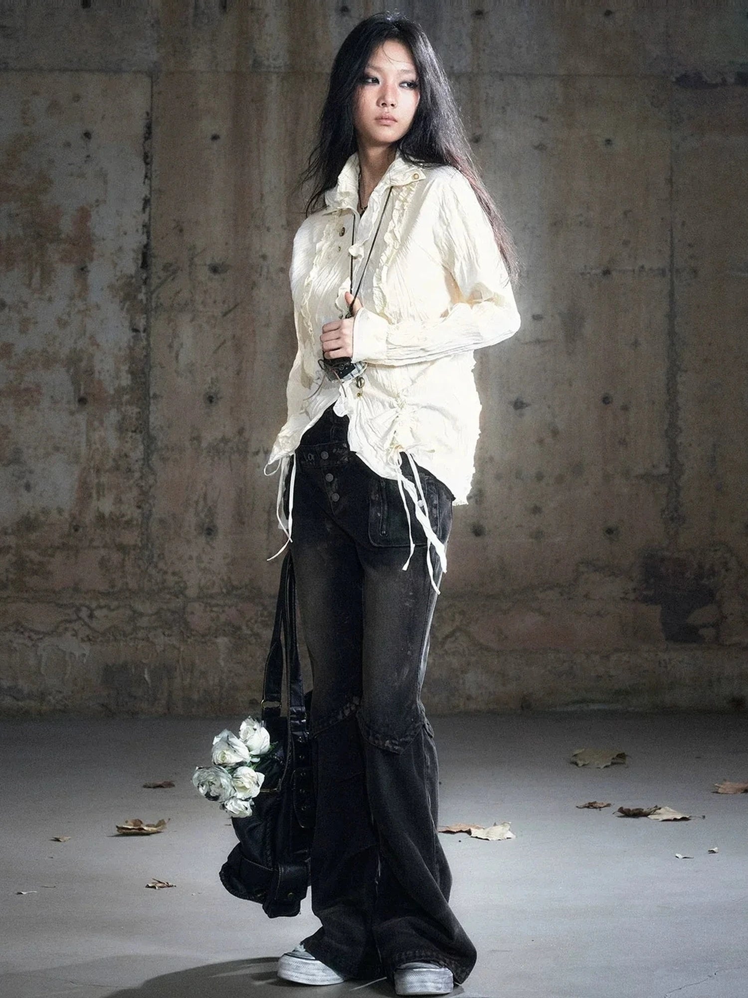 Chinese Clothing Cest Nous Update Double Waist Mud Dyed Low Rise Flared Jeans