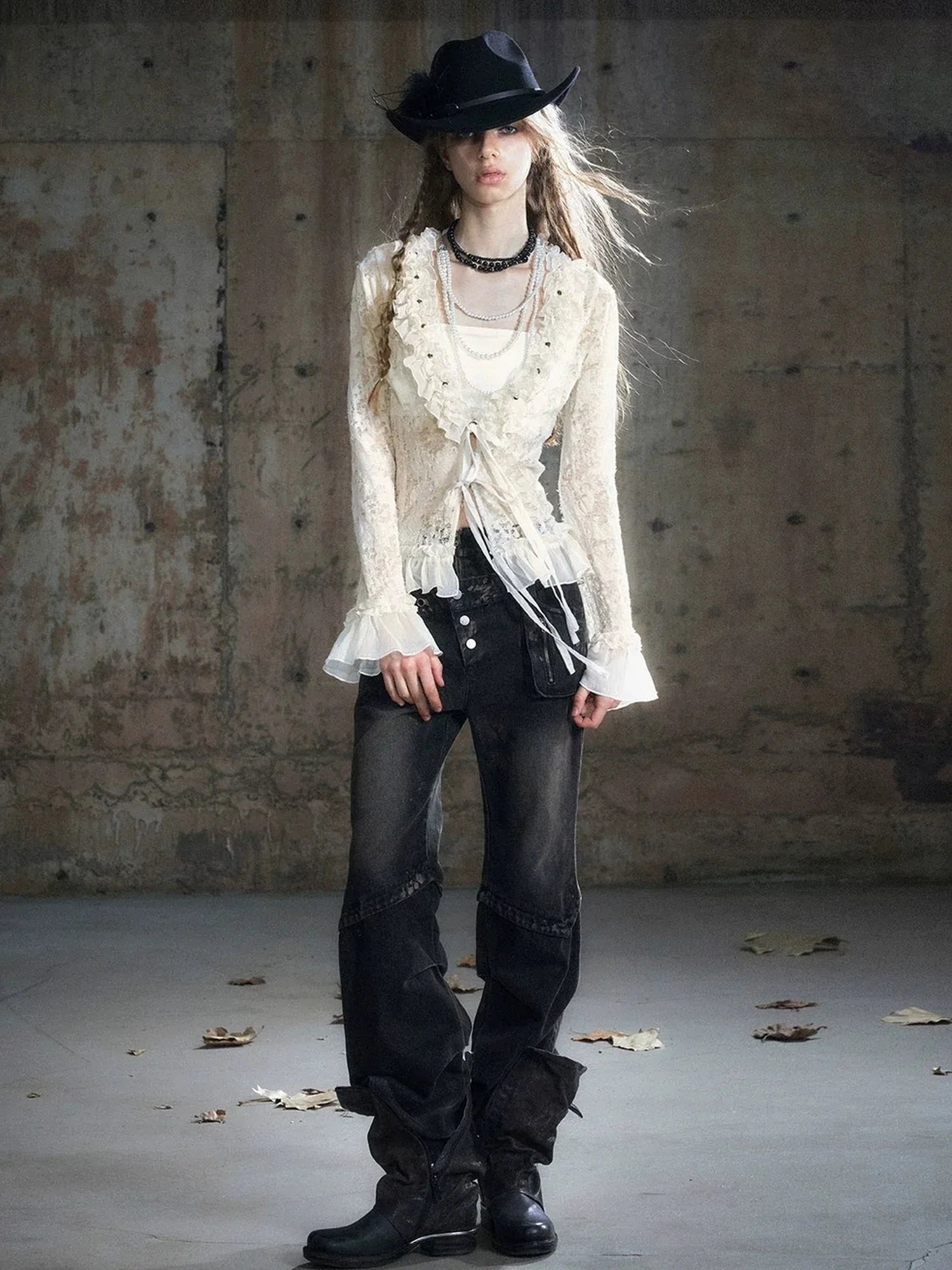 Chinese Clothing Cest Nous Update Double Waist Mud Dyed Low Rise Flared Jeans