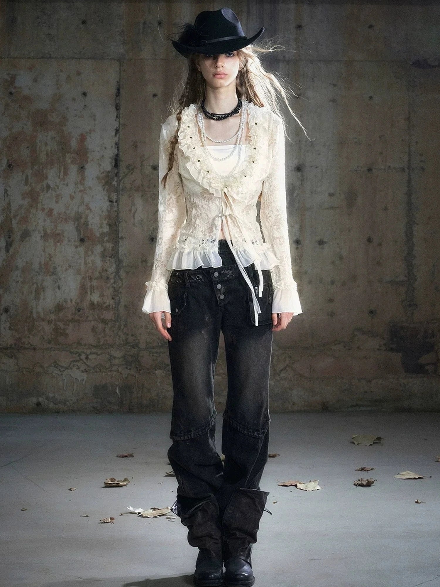 Chinese Clothing Cest Nous Update Double Waist Mud Dyed Low Rise Flared Jeans