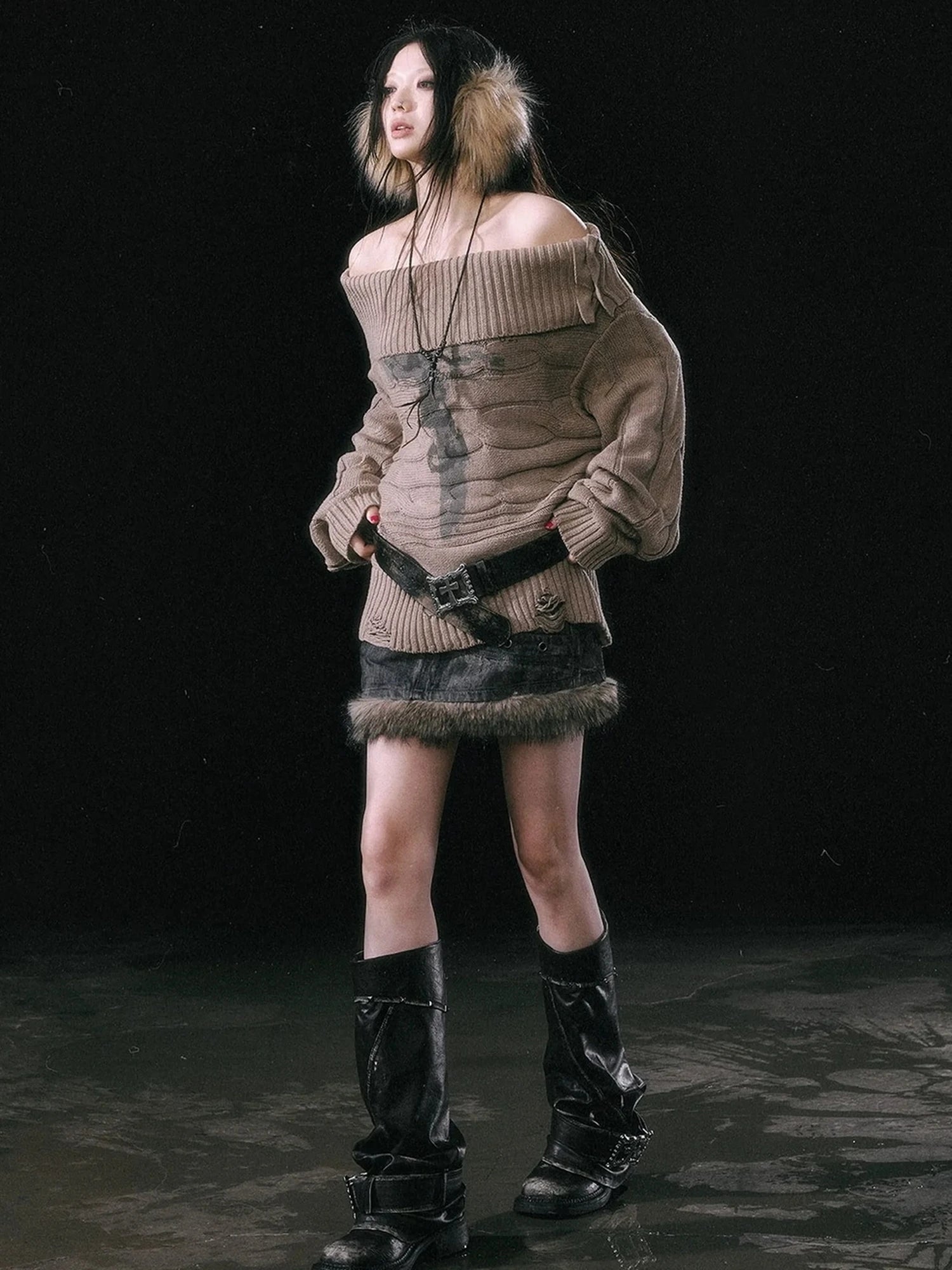 Chinese Clothing Cest Nous Update Escape In Misty Rain Distressed Cable Knit Sweater