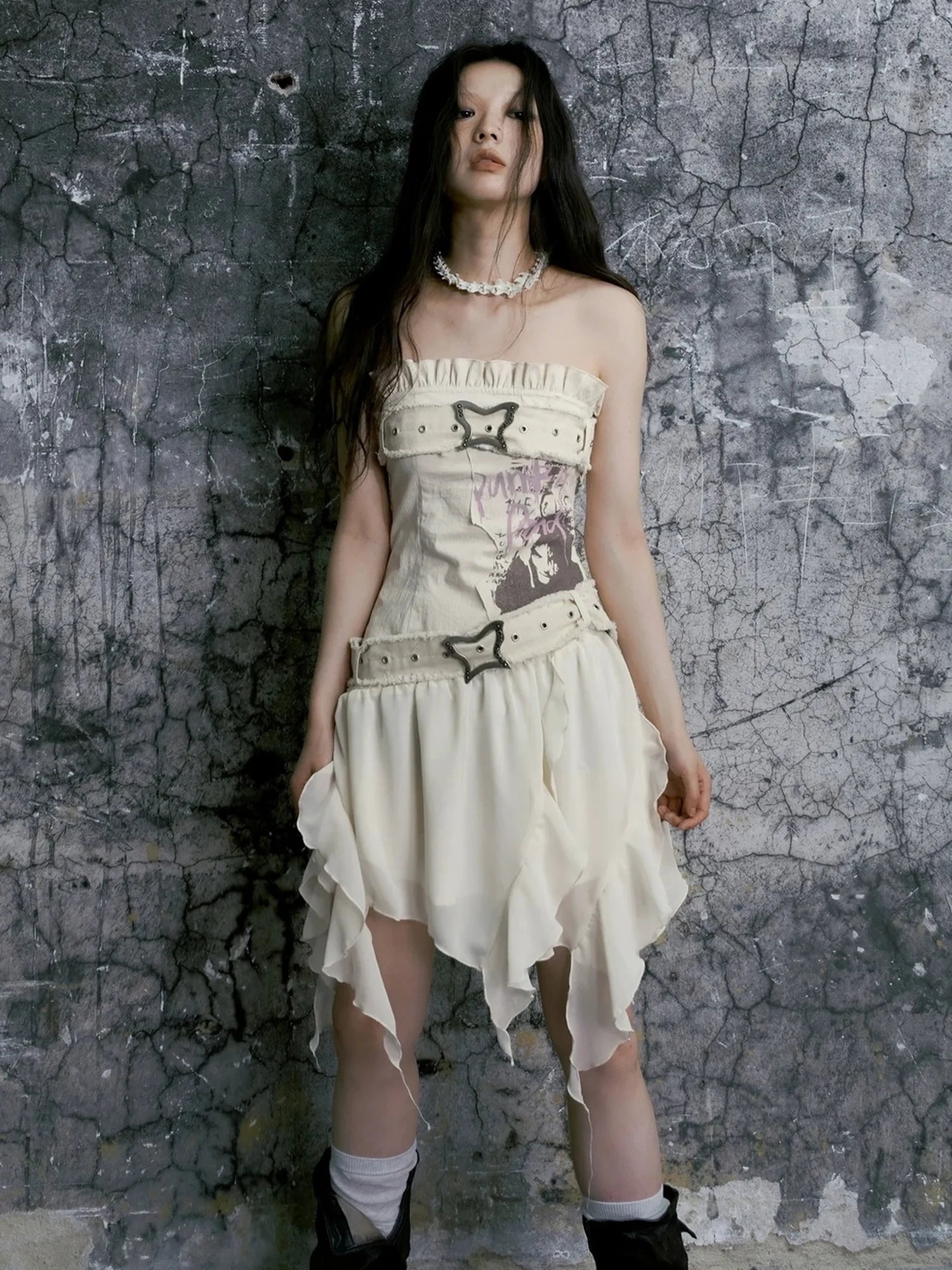 Chinese Clothing Cest Nous Update Graffiti Bustier Dress With Butterfly Clasp