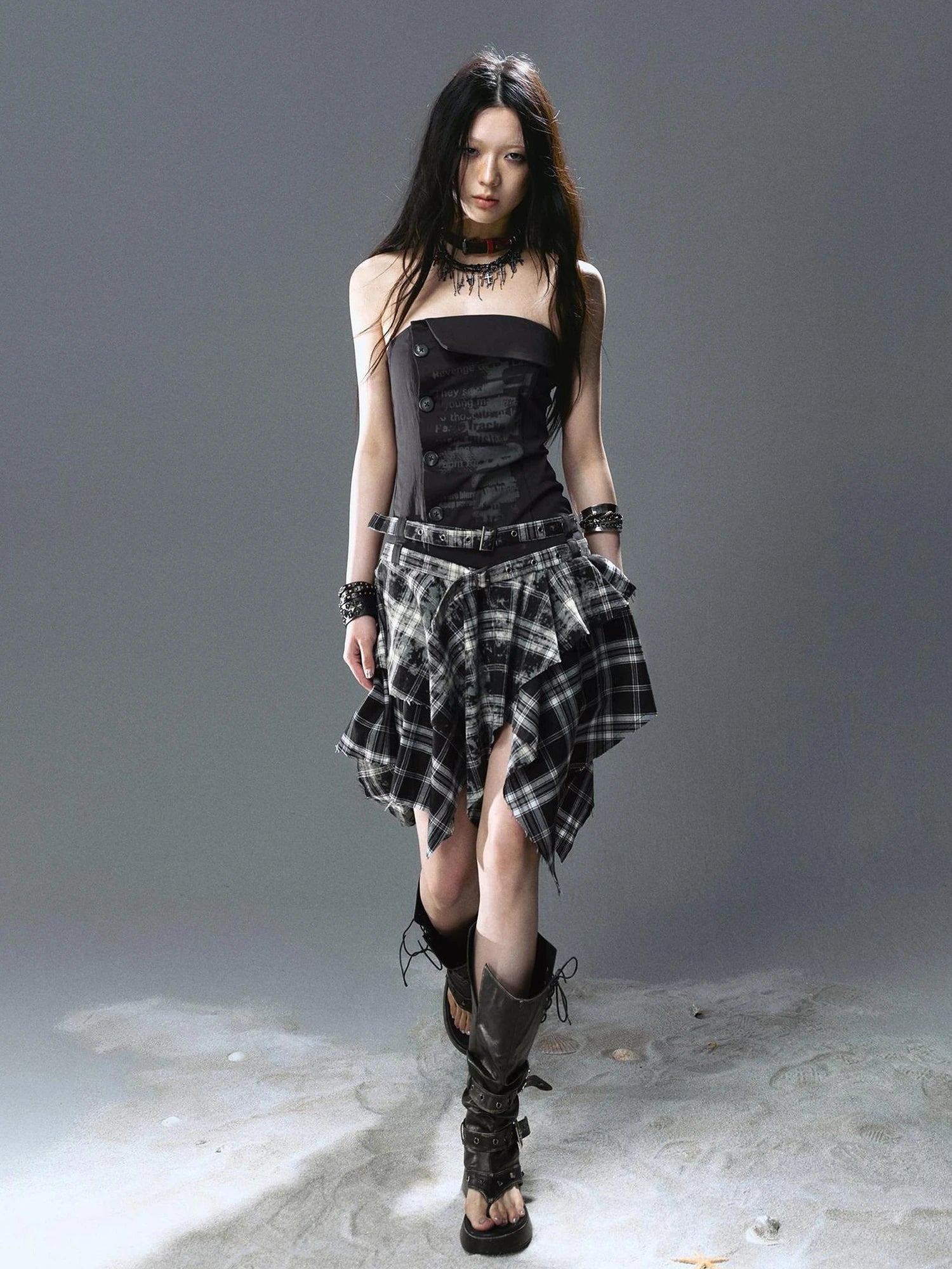 Chinese Clothing Cest Nous Update Graffiti Plaid Asymmetric Slip Dress