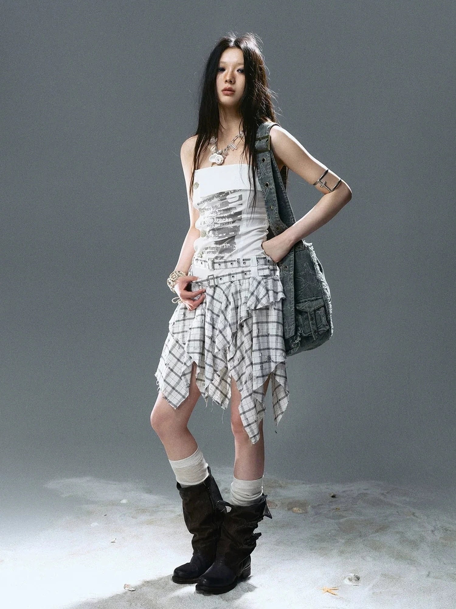 Chinese Clothing Cest Nous Update Graffiti Plaid Asymmetric Slip Dress