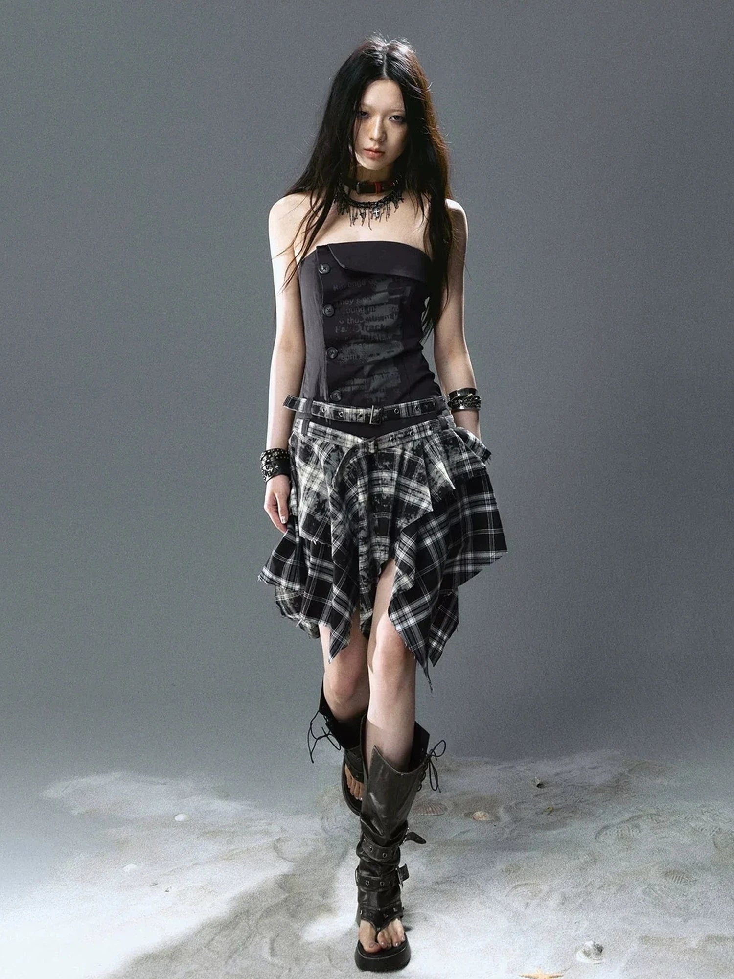 Chinese Clothing Cest Nous Update Graffiti Plaid Asymmetric Slip Dress