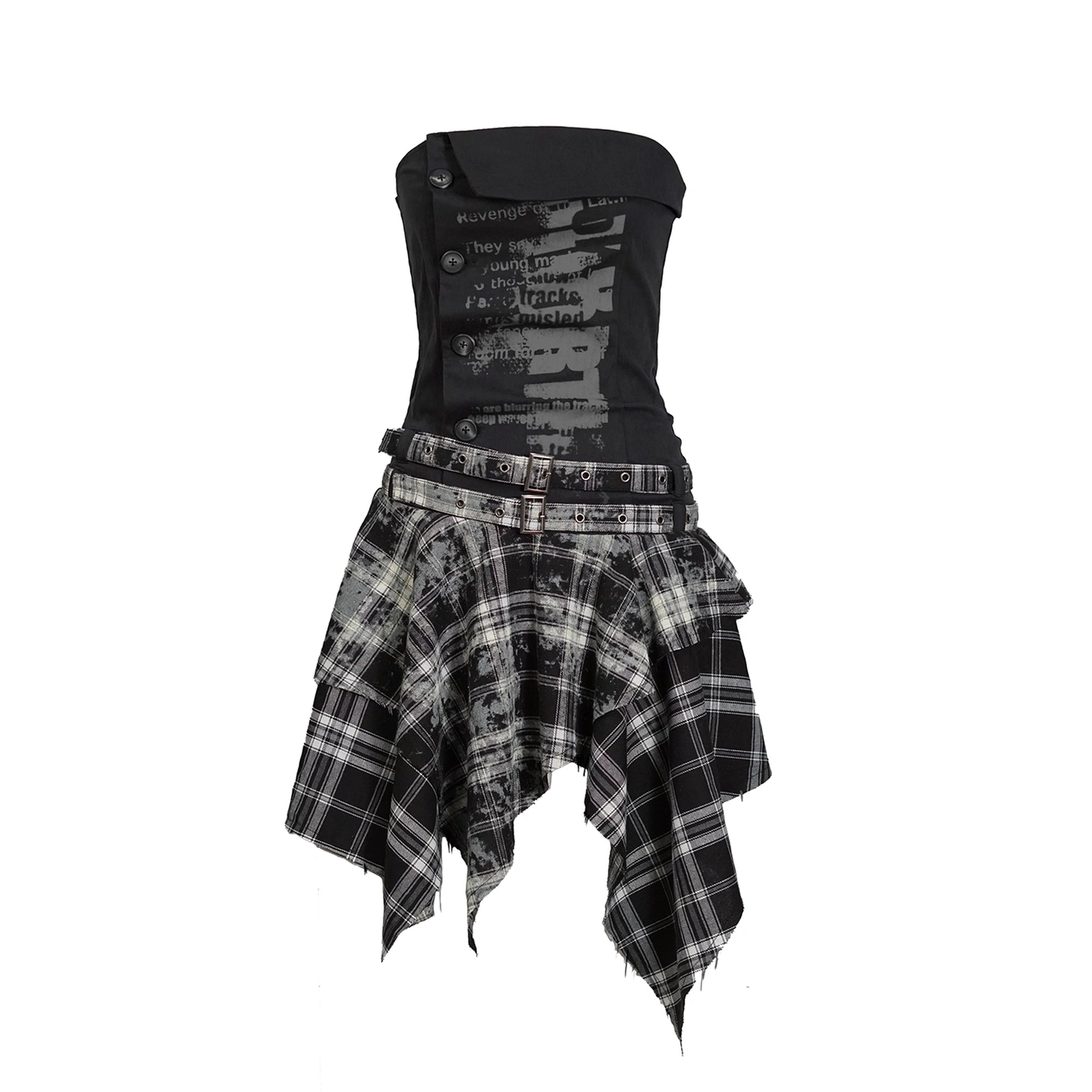 Chinese Clothing Cest Nous Update Graffiti Plaid Asymmetric Slip Dress MISSTT
